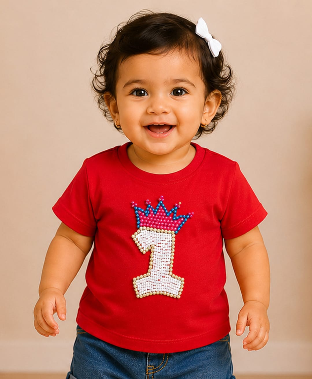 PinkChick Cotton Woven Half Sleeves 1 Numericals Beads Embellished Patch Detailed Tee - Red-picture-25