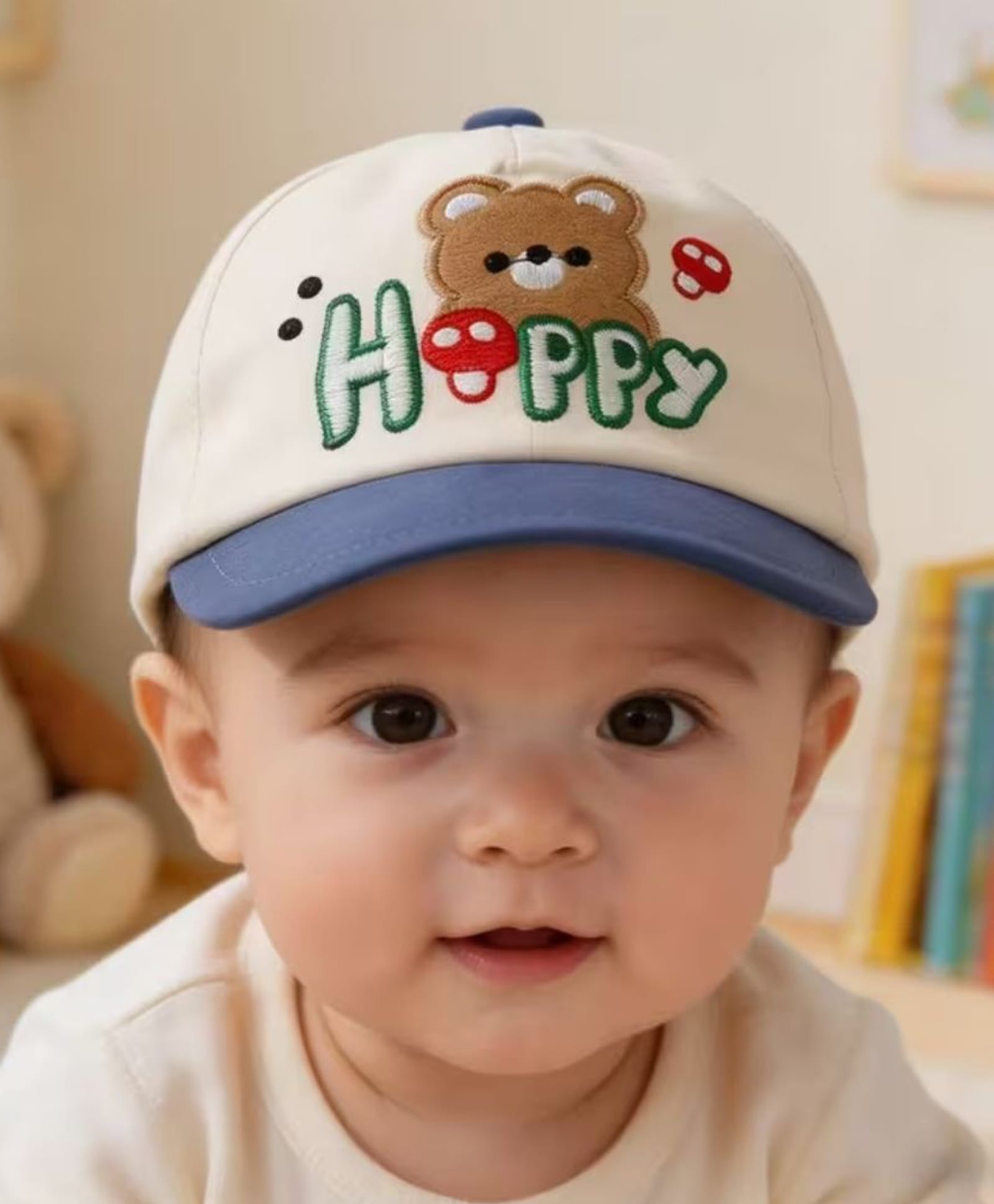 Ziory Cotton Woven Happy Text & Teddy Embroidered Baseball Cap - Off White - Circumference 48 Cms-picture-24