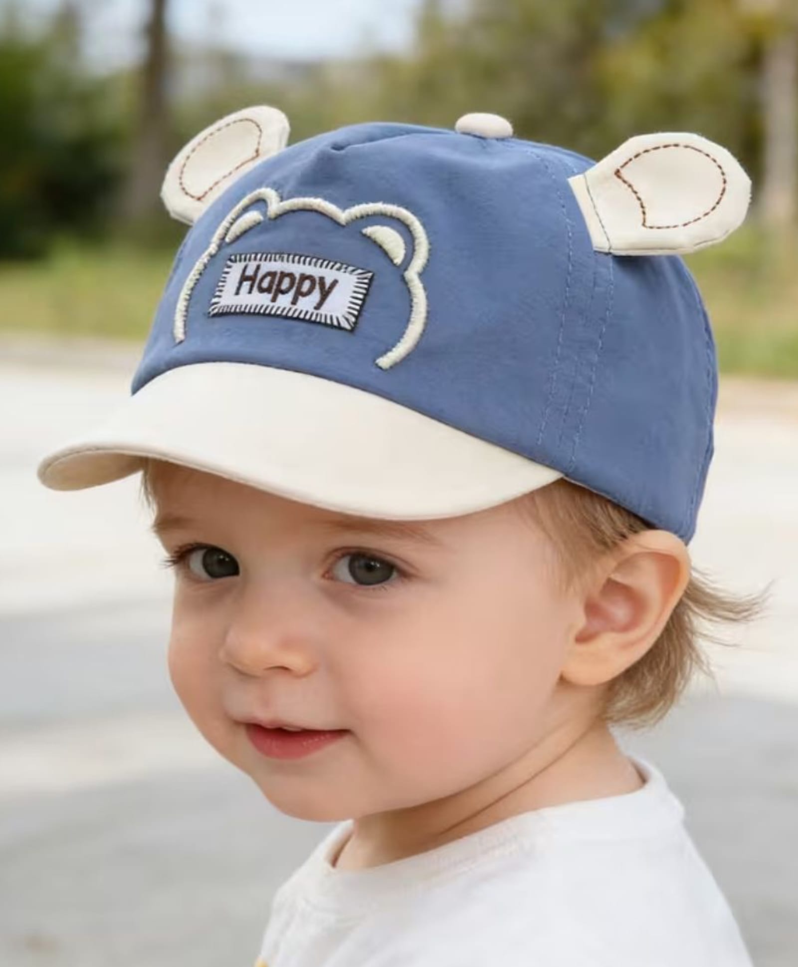 Ziory Cotton Woven Happy Text Patch & Ear Applique Detailed Baseball Cap - Blue - Circumference 48 Cms-picture-26