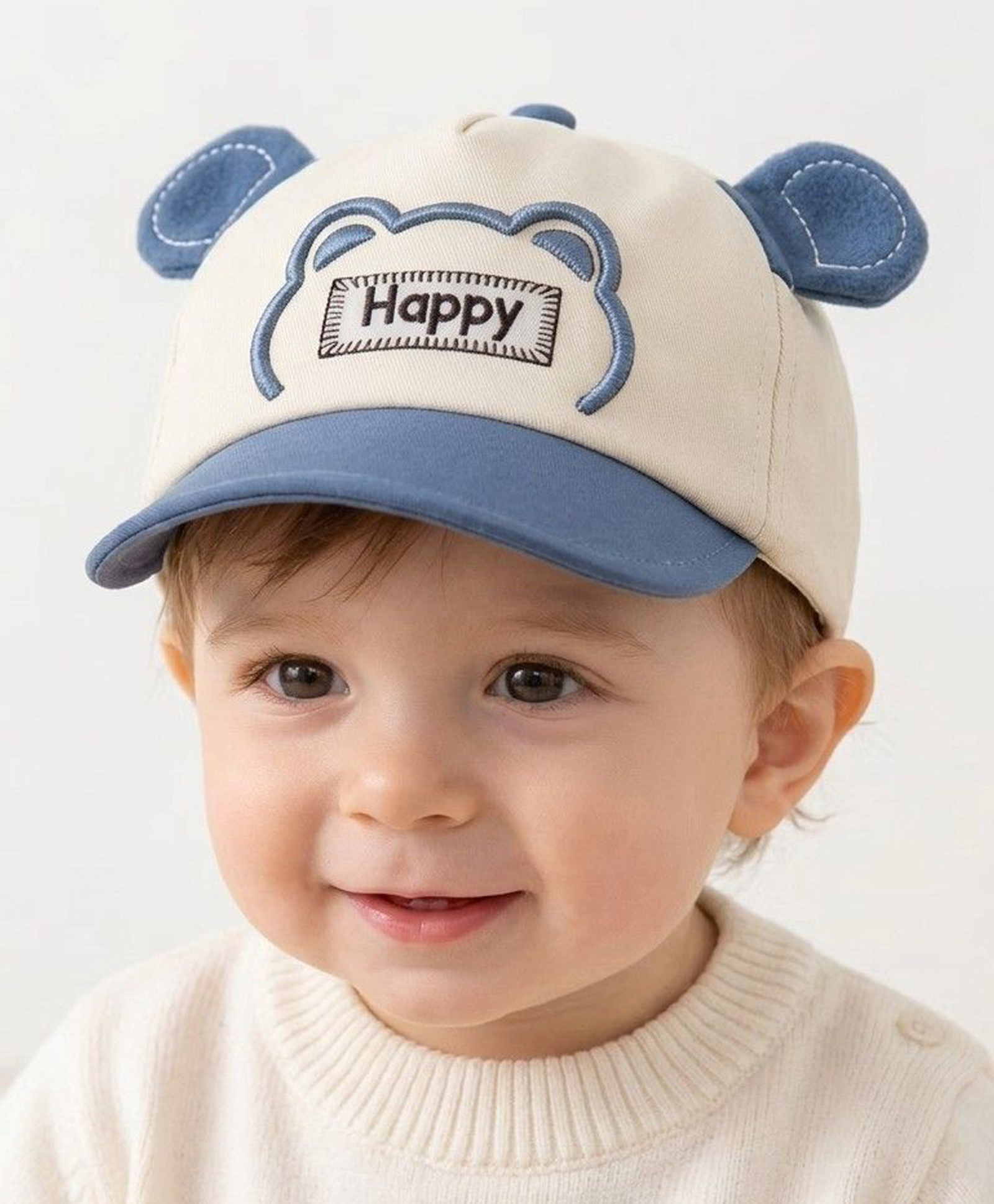 Ziory Cotton Woven Happy Text Patch & Ear Applique Detailed Baseball Cap - Off White - Circumference 48 Cms-picture-26