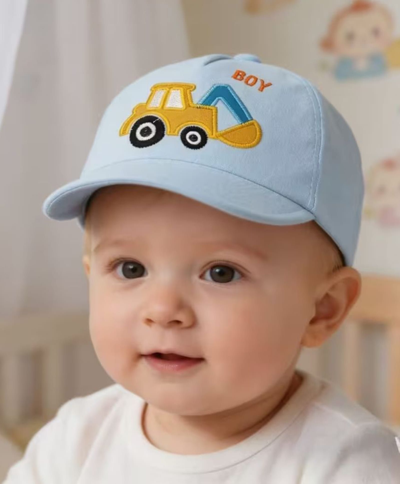 Ziory Cotton Woven Bulldozer & Boy Text Embroidered Baseball Cap - Light Blue - Circumference 46 Cms-image-13