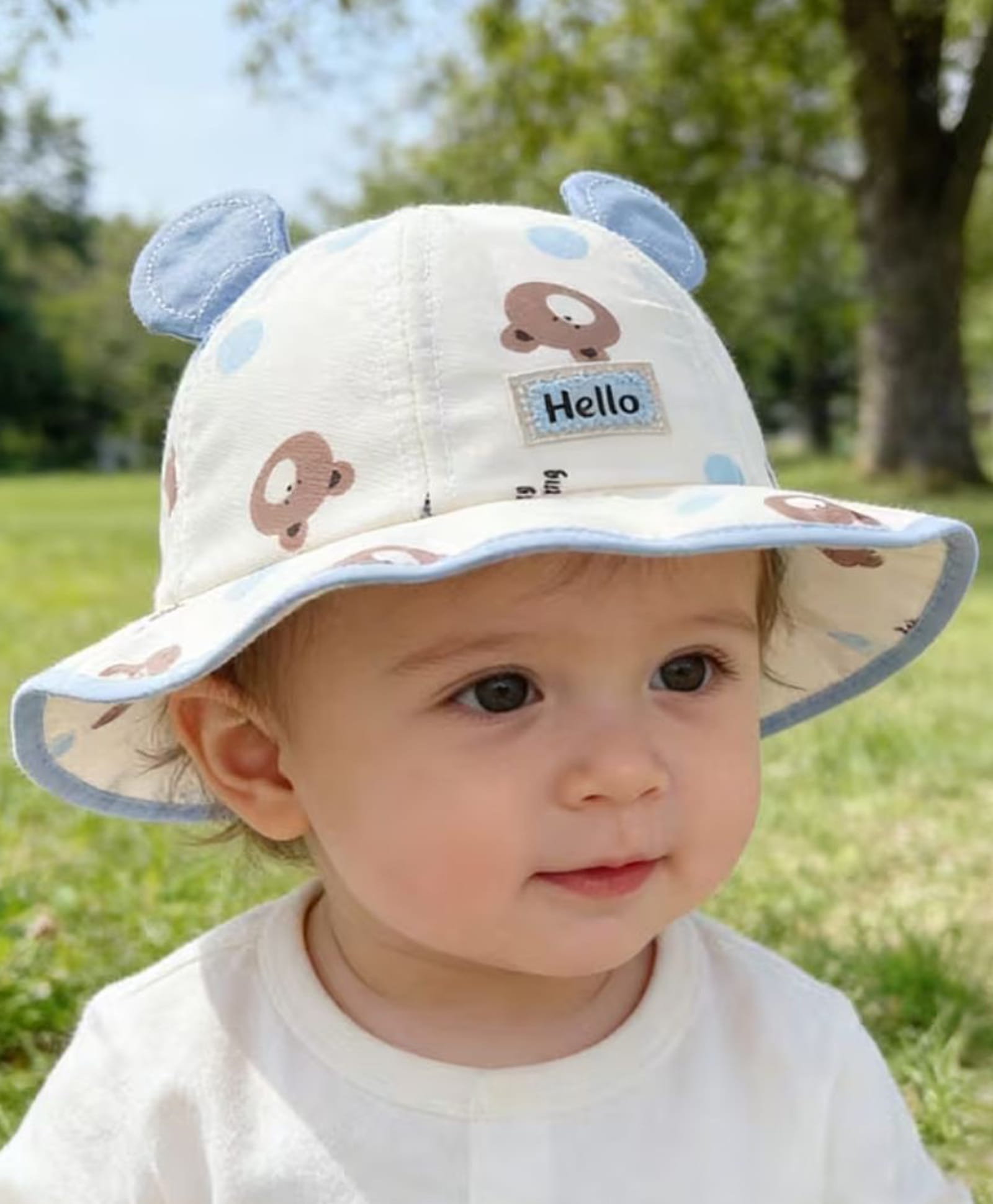 Ziory Cotton Woven Happy Text Patch & Ear Applique Detailed Teddy Printed Hat - Blue & Off White - Circumference 50 Cms-image-18