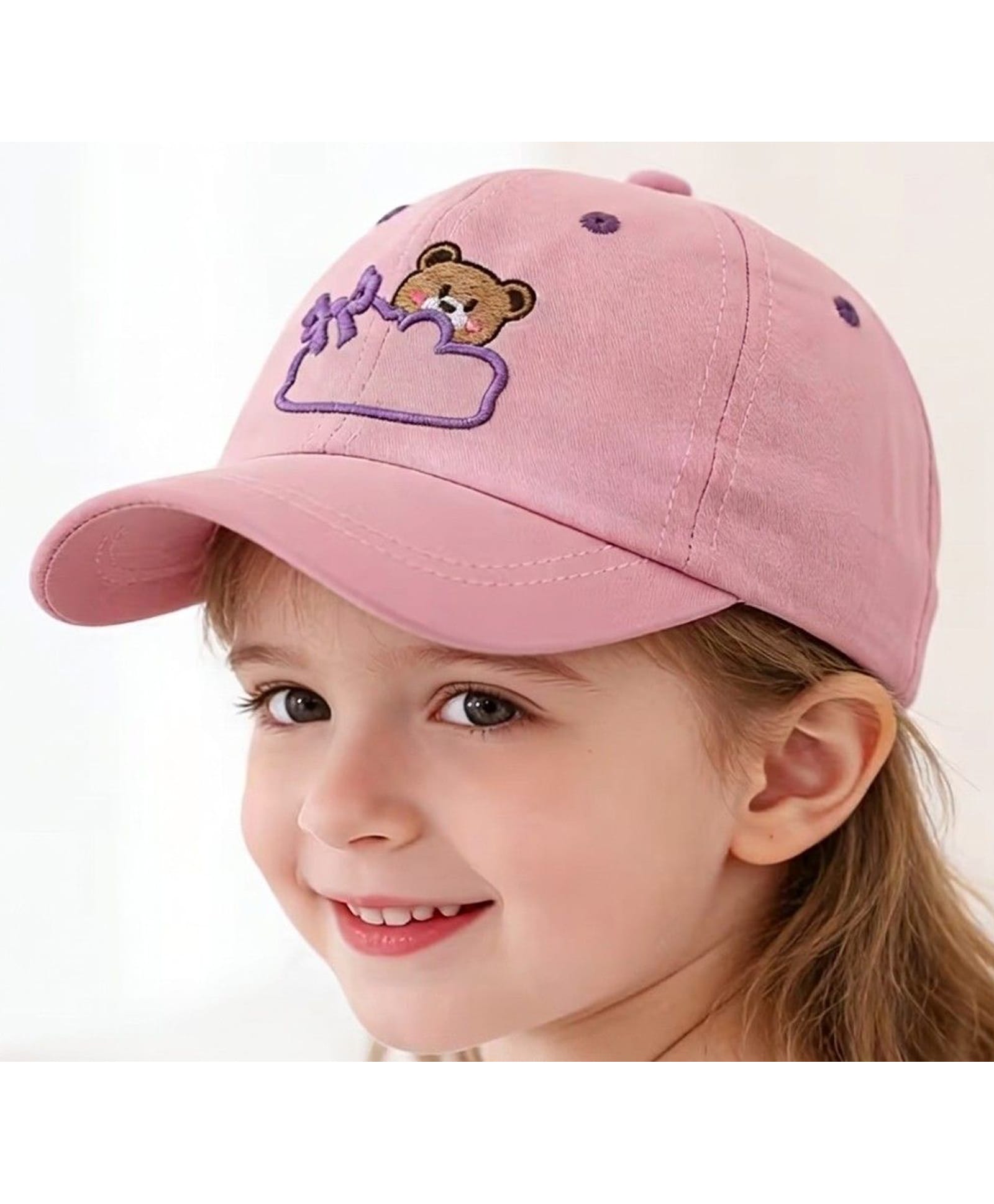 Ziory Cotton Woven Lucky Text & Teddy Embroidered Baseball Cap - Baby Pink - Circumference 52 Cms-image-20