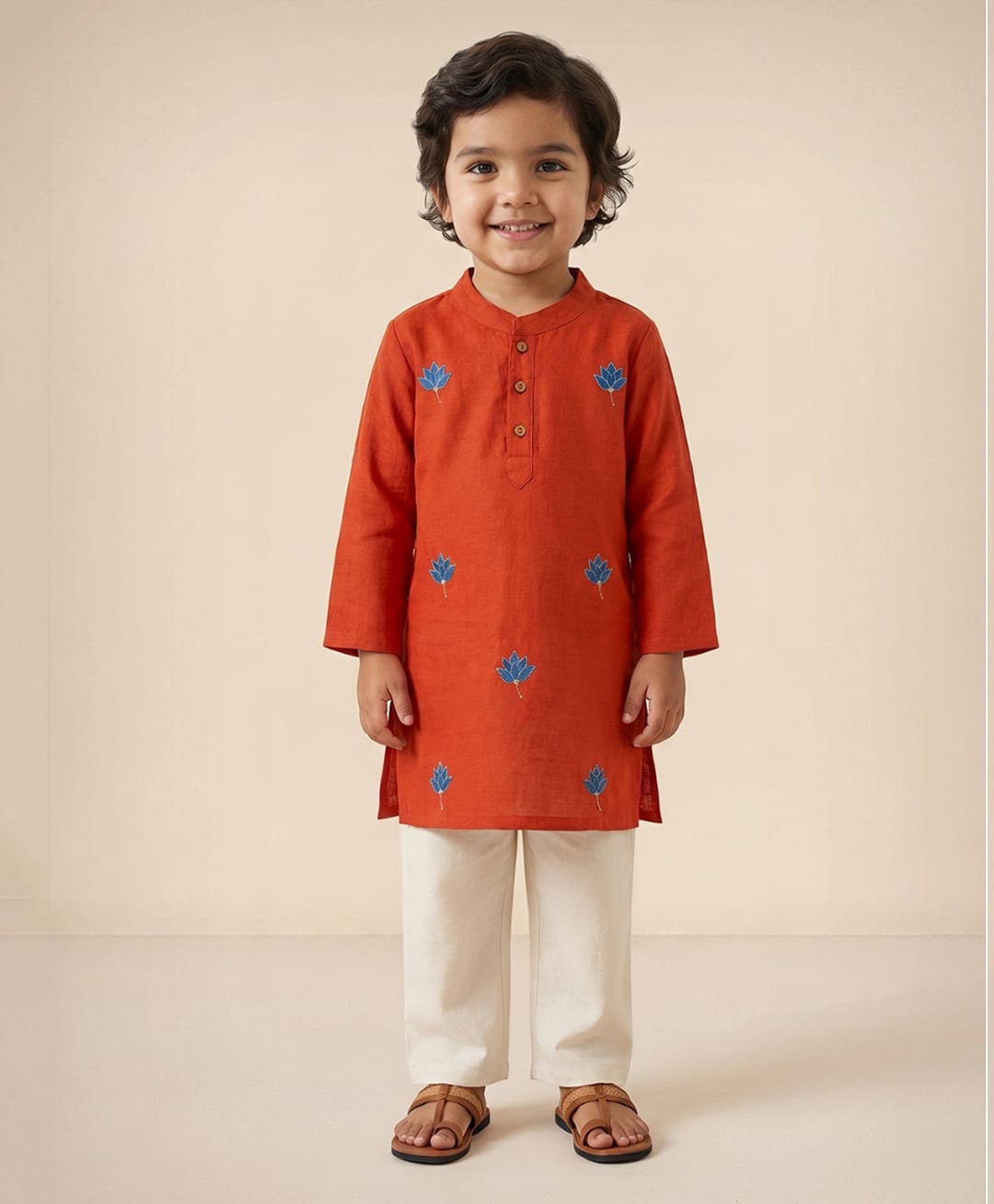 The Mom Store Woven Full Sleeves Floral Embroidered Kurta & Pajama Set - Rust-image-10
