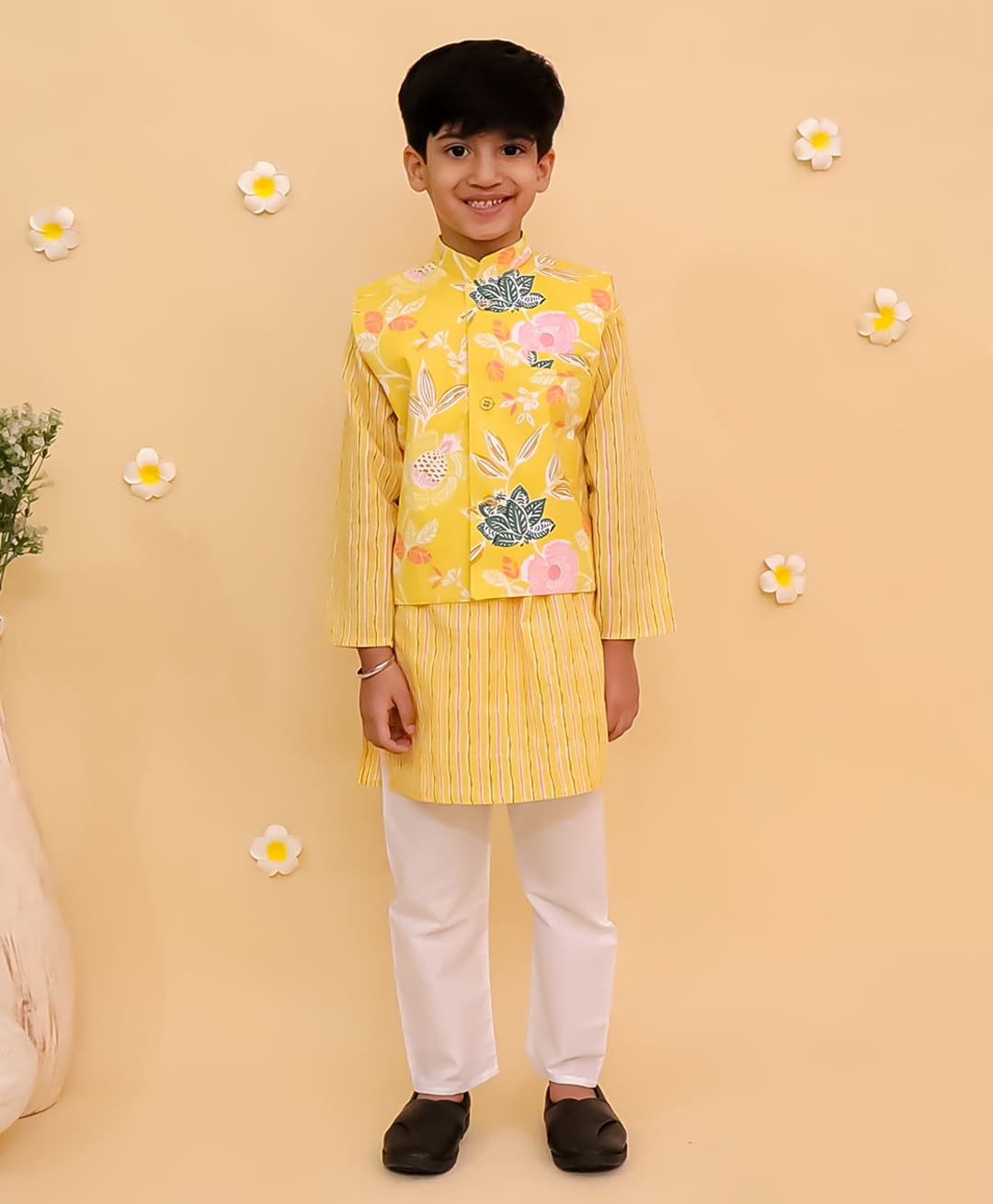 The Mom Store Cotton Woven Full Sleeves Striped Kurta & Pyjama Set With Floral Printed Nehru Jacket - Yellow-image-35