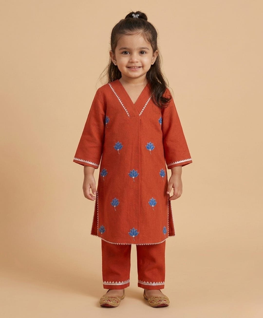 The Mom Store Woven Full Sleeves Floral Embroidered Kurti & Pants Set - Rust-picture-15