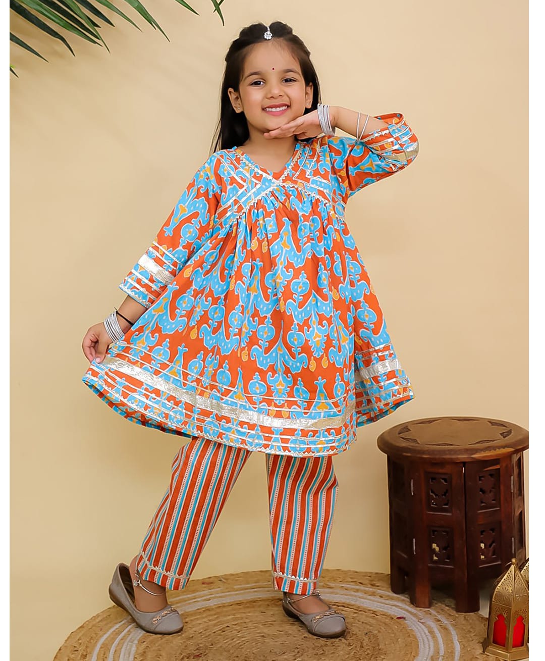 The Mom Store Cotton Woven Three Fourth Sleeves Gota Lace Embellished Abstract Printed Kurti & Pyjama Set - Multi Colour-image-36