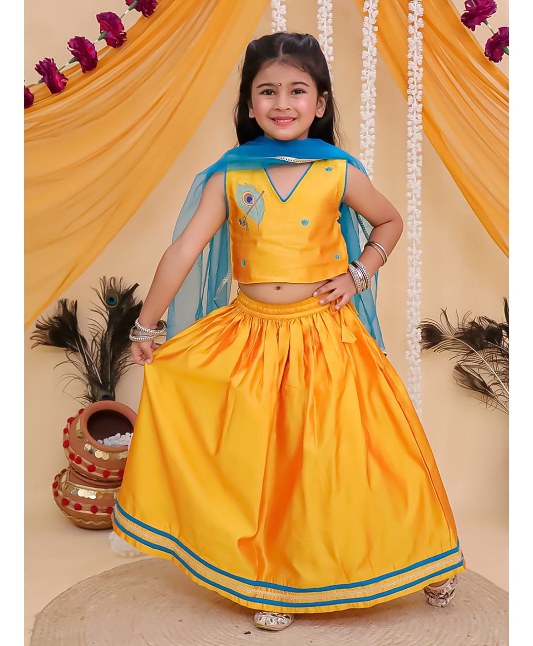 The Mom Store Silk Woven Sleeveless Mor Pankh Embroidered Lehenga Choli Set With Dupatta - Yellow-image-45