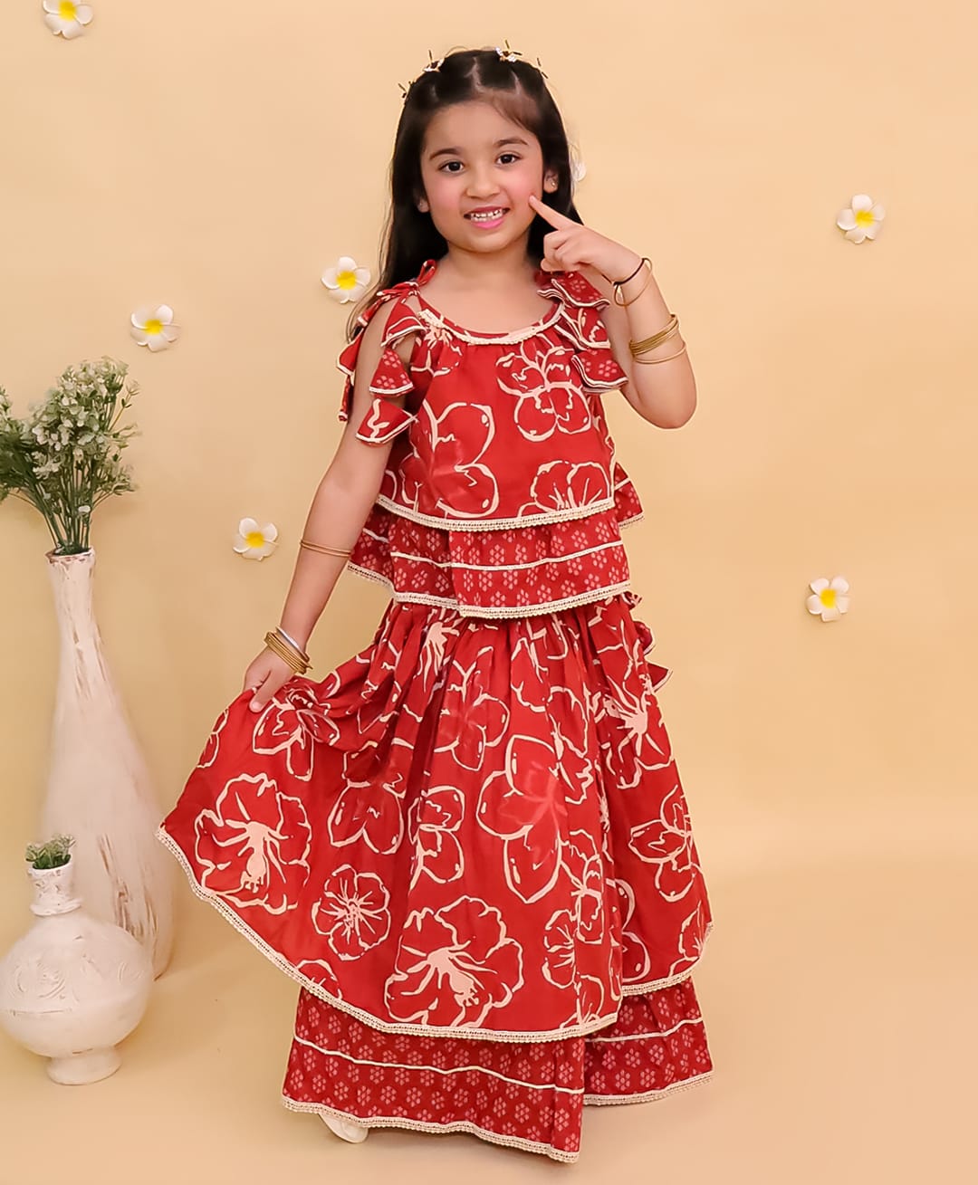 The Mom Store Cotton Woven Sleeveless Floral Printed Lehenga & Choli Set - Red-image-48
