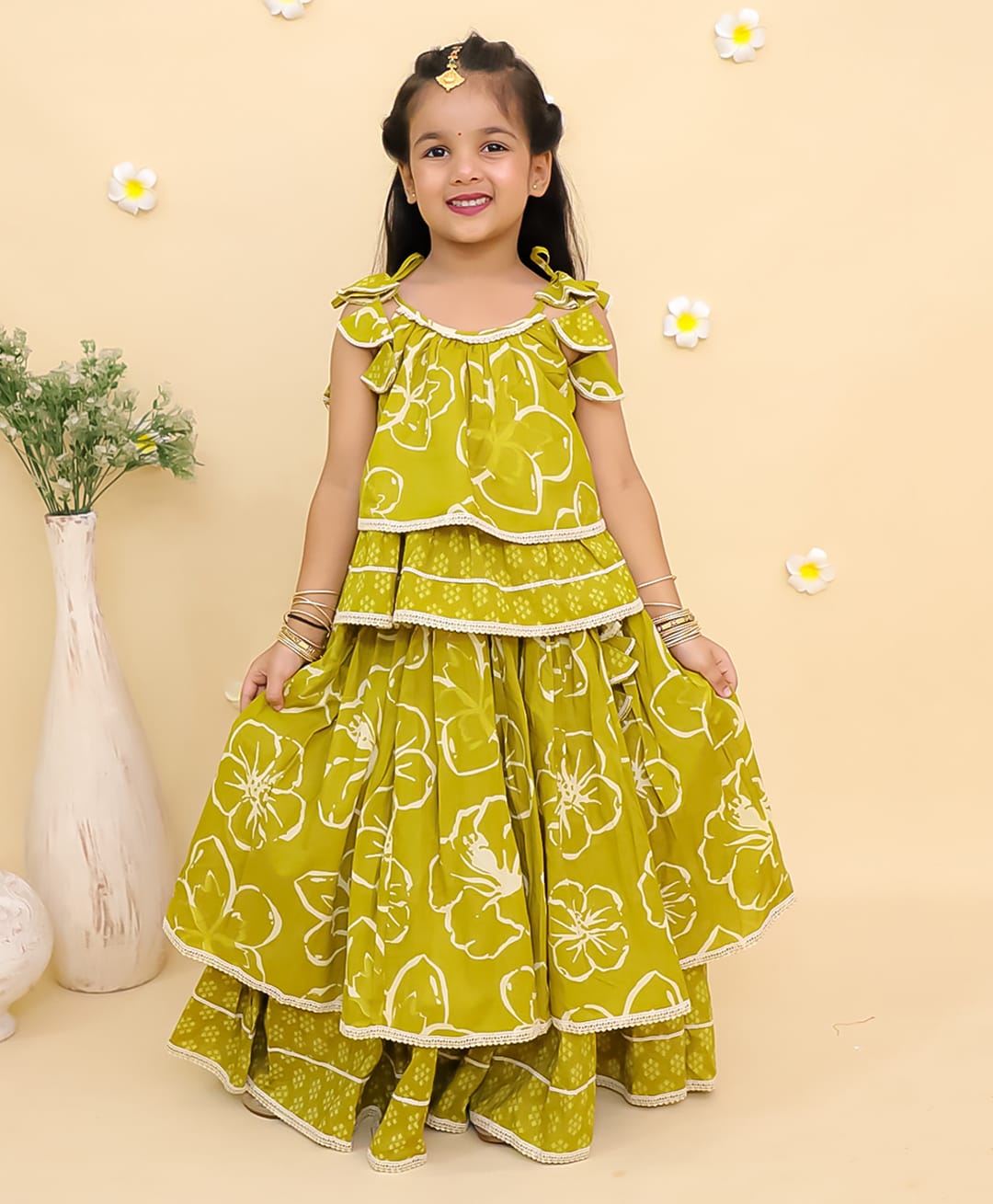 The Mom Store Cotton Woven Sleeveless Floral Printed Lehenga & Choli Set - Green-image-40