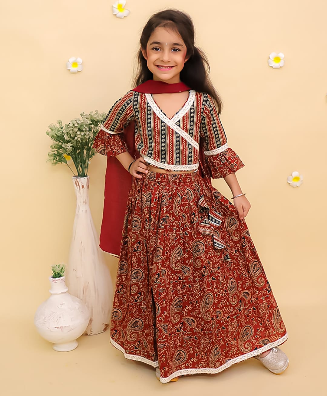The Mom Store Cotton Woven Three Fourth Sleeves Abstract Printed Lehenga Choli Set With Dupatta - Rust-picture-38
