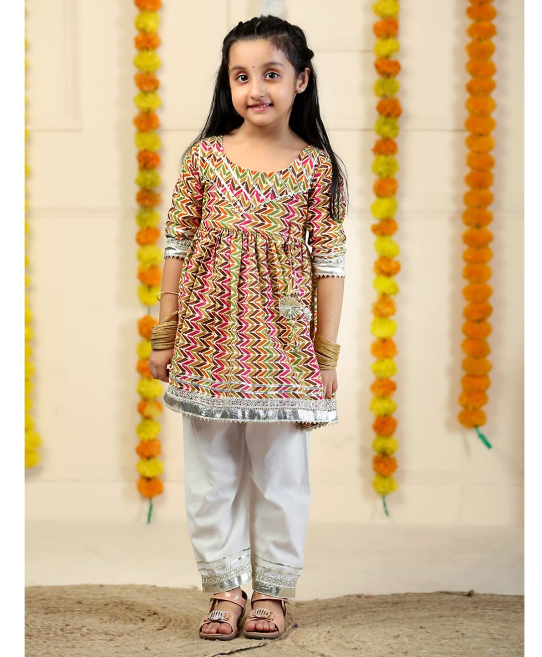 The Mom Store Cotton Woven Three Fourth Sleeves Gota Lace Embellished Chevron Printed Kurti & Pyjama Set - Multi Colour-picture-39