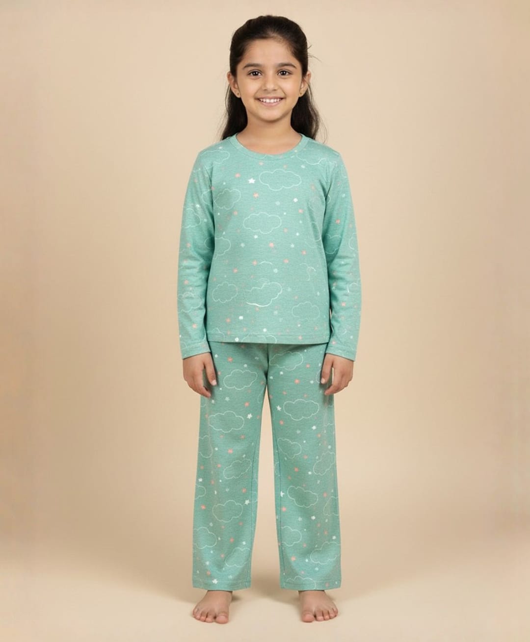 The Mom Store Cotton Knit Full Sleeves Cloud Printed Coordinating Tee & Pajama Night Suit Set - Green-image-3