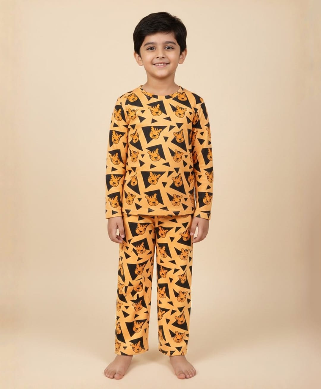 The Mom Store Cotton Knit Full Sleeves Tiger Printed Coordinating Tee & Pajama Night Suit - Multi Colour-picture-25