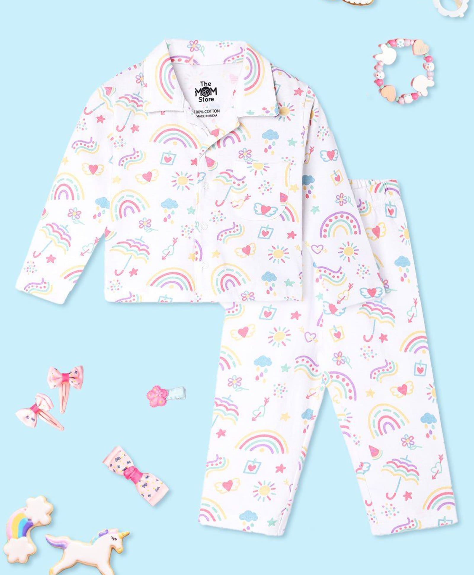 The Mom Store Cotton Knit Full Sleeves Rainbow Printed Coordinating Shirt & Pajama Night Suit - White-picture-17
