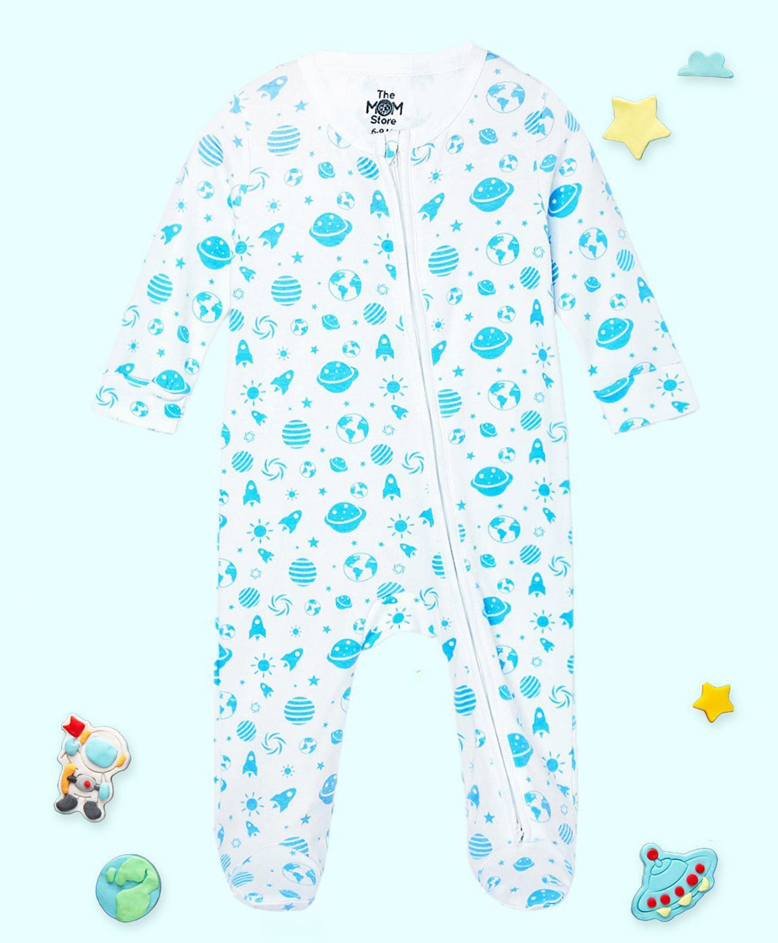 The Mom Store Cotton Knit Full Sleeves Space Theme Printed Footed Romper - White-picture-17