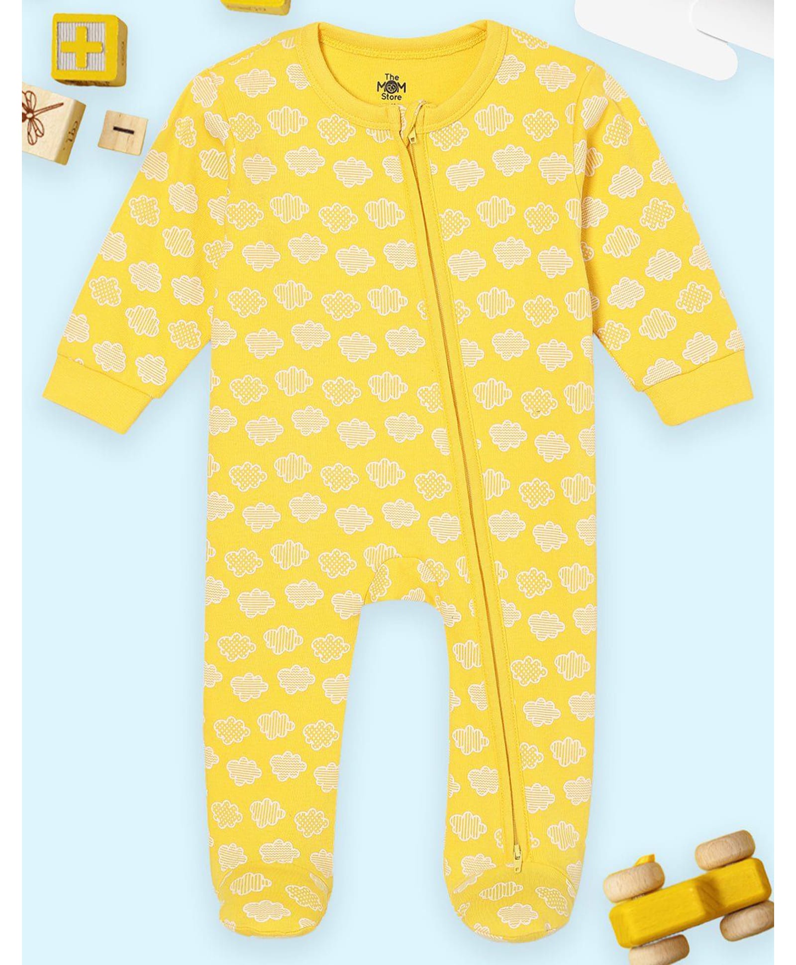 The Mom Store Cotton Knit Full Sleeves Clouds Printed Footed Romper - Yellow-picture-29