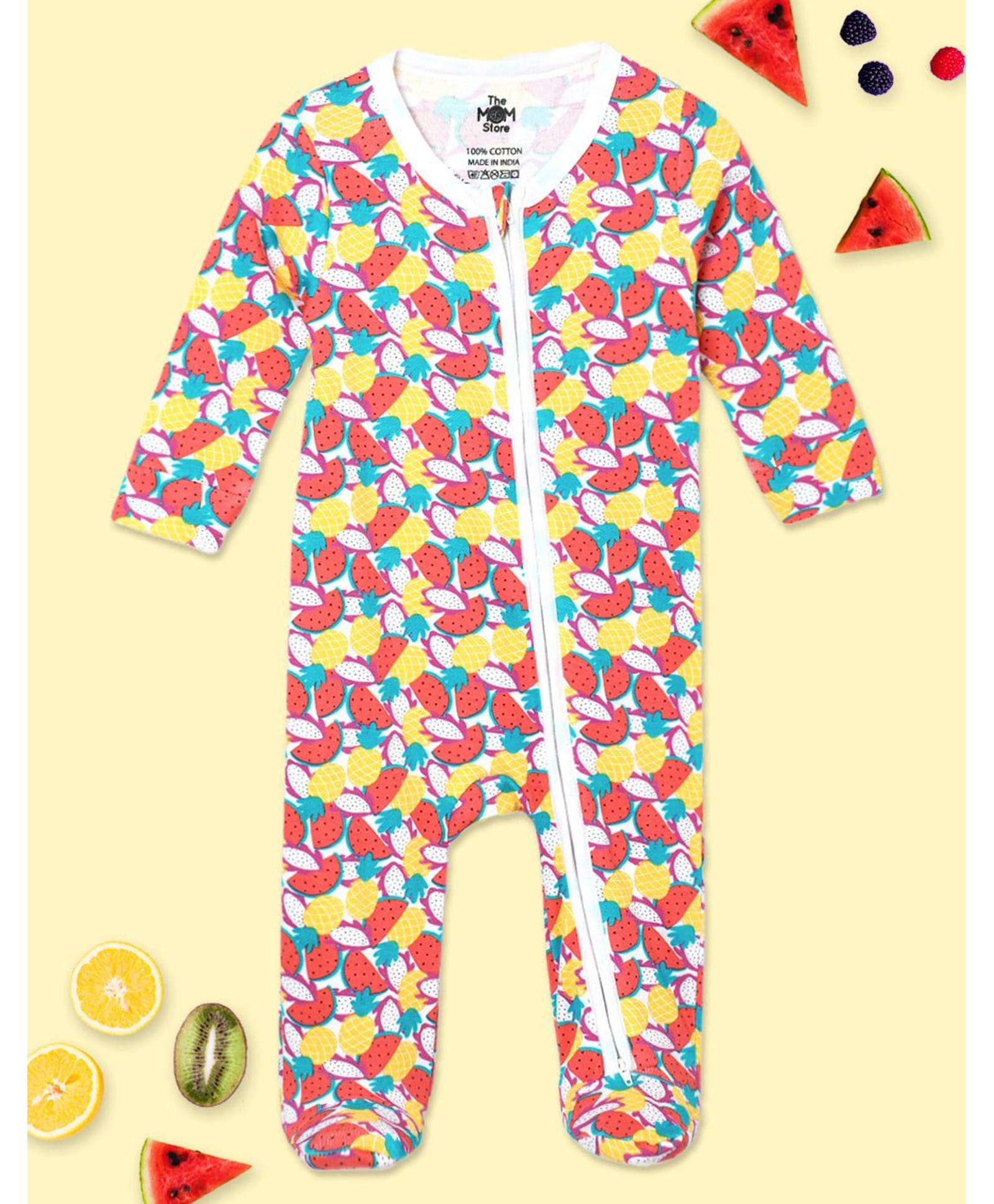 The Mom Store Cotton Knit Full Sleeves Fruit Printed Footed Romper - Multi Colour-image-40