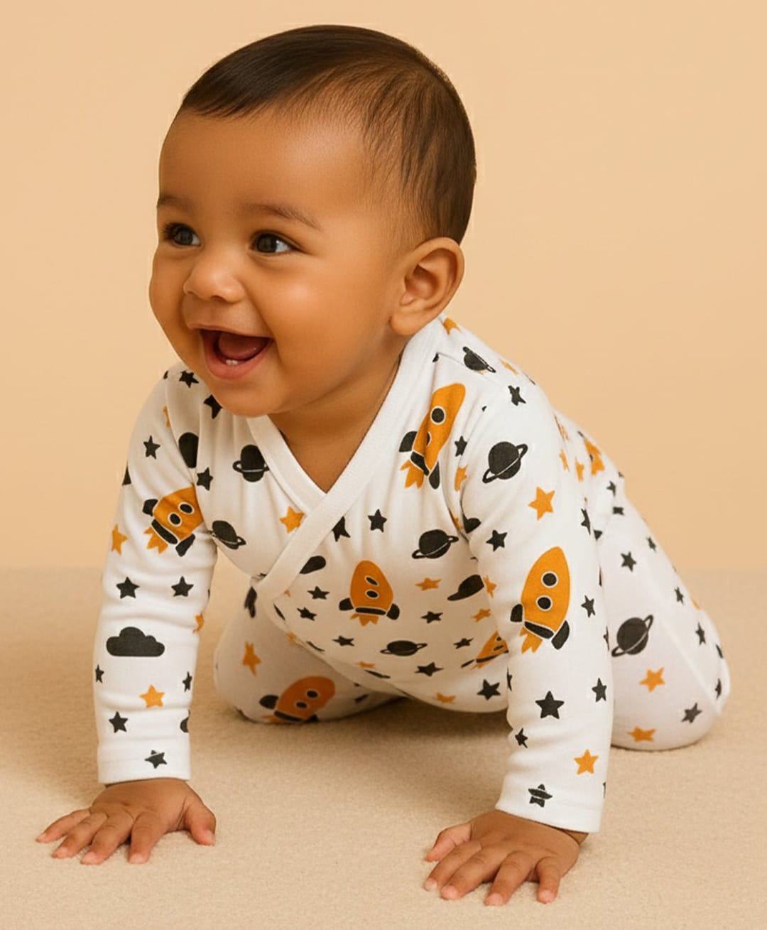 The Mom Store Cotton Knit Full Sleeves Rocket Printed Romper - White-image-3