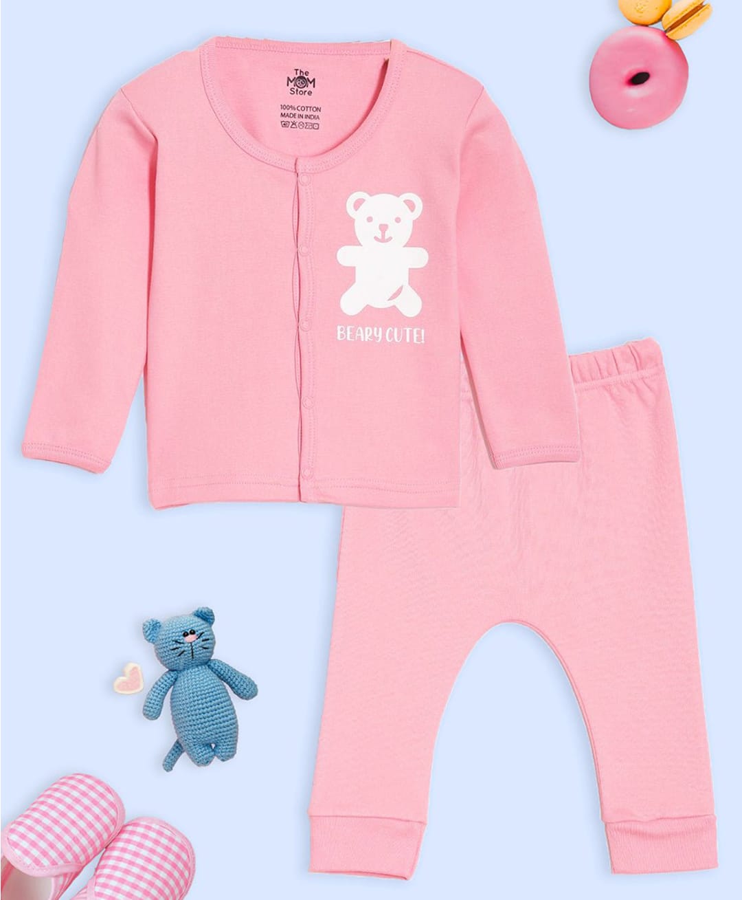 The Mom Store Cotton Knit Full Sleeves Bear Printed Night Suit - Pink-picture-39