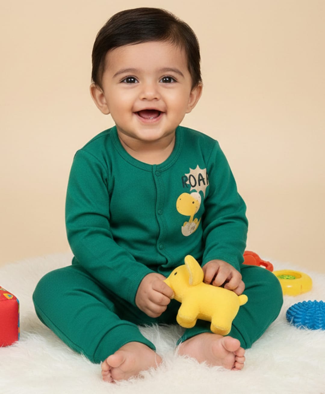 The Mom Store Cotton Knit Full Sleeves Dinosaur Printed Night Suit - Dark Green-image-49
