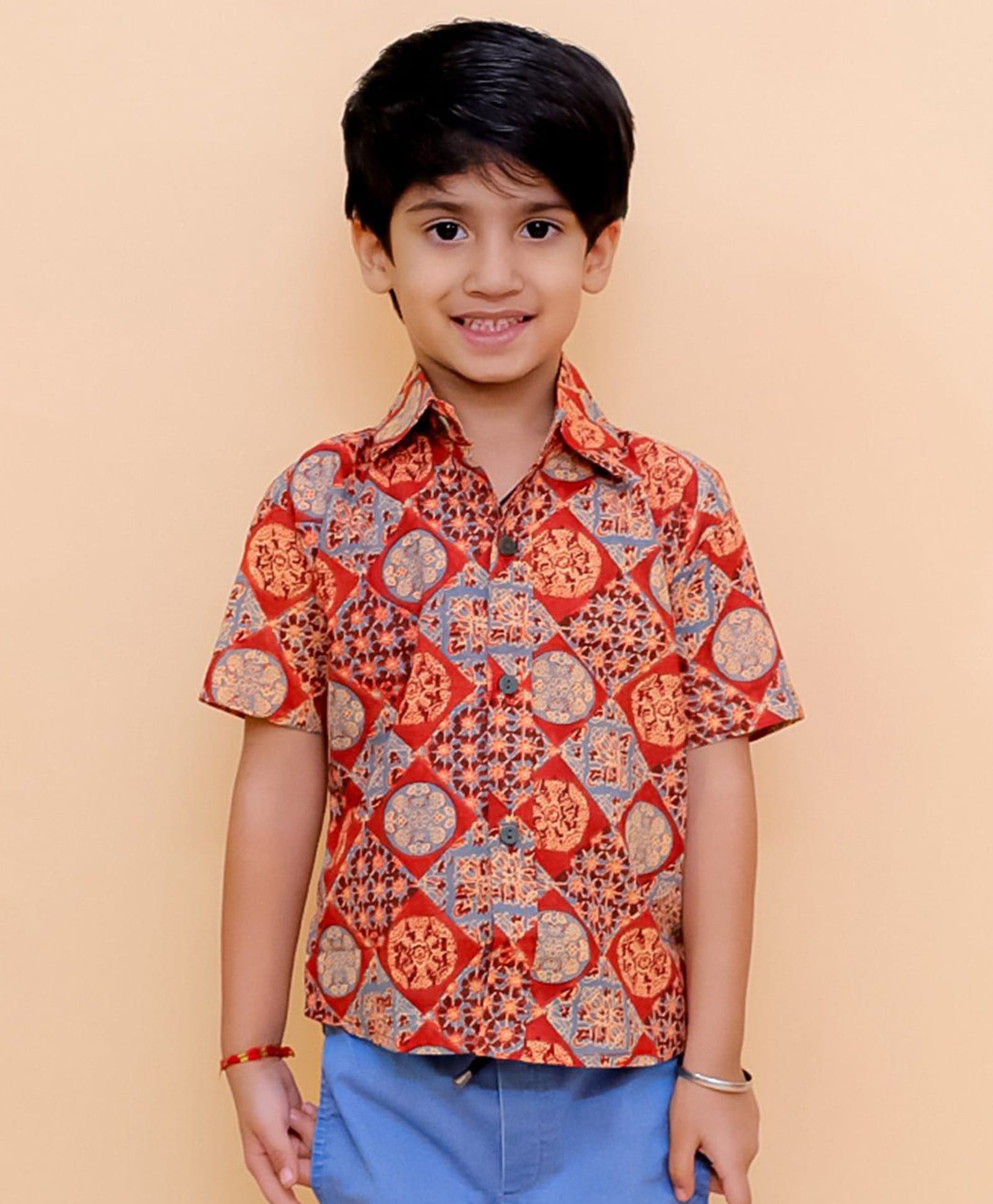 The Mom Store Cotton Woven Half Sleeves Geometric Printed Shirt - Rust-picture-12