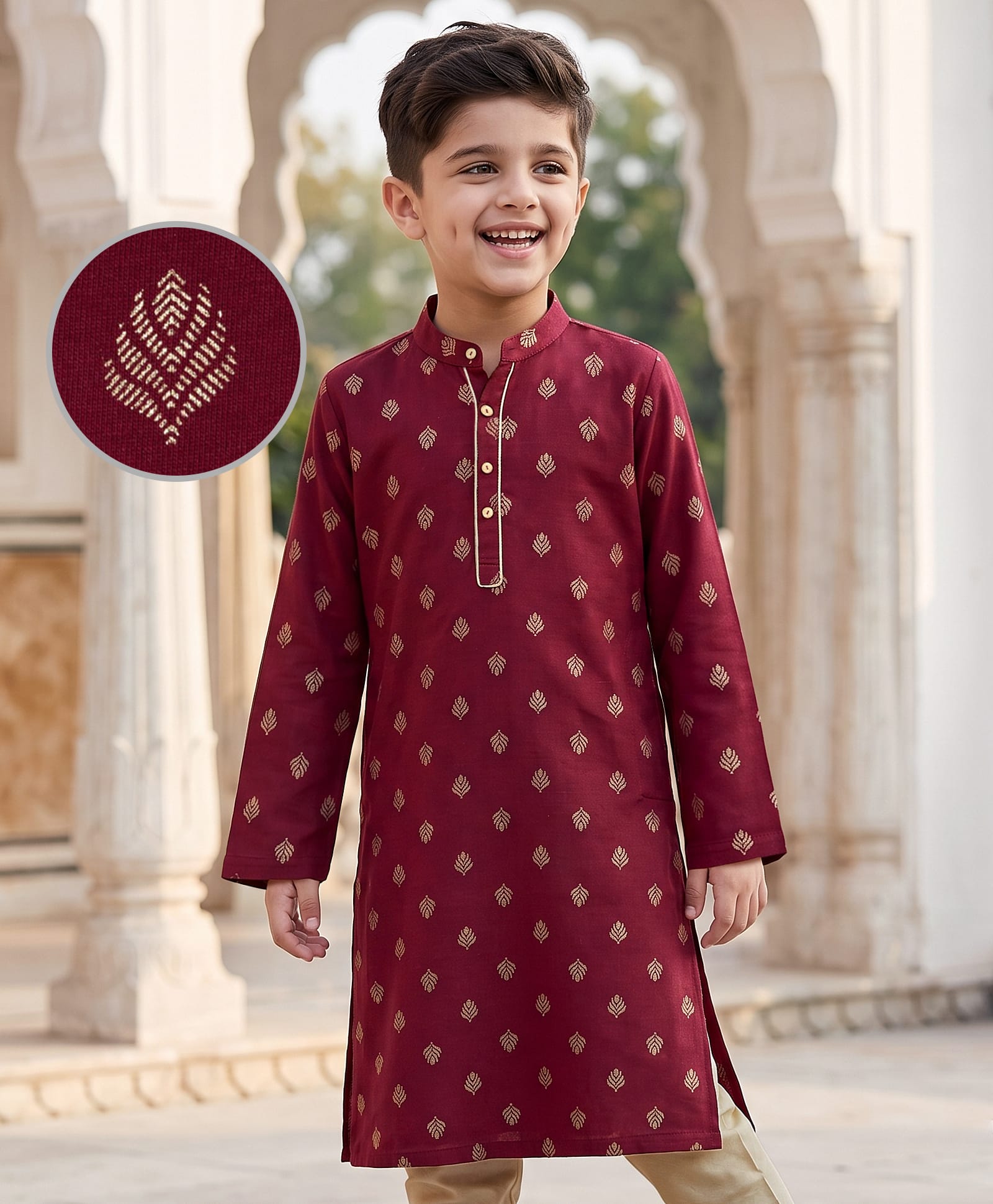 EARTHY TOUCH Cotton Knit Full Sleeves Kurta With Floral Foil Print - Maroon-picture-19