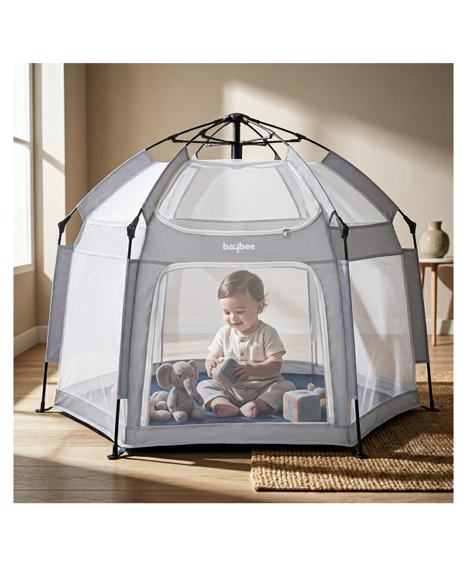 Baybee 140 x 110 Cm JoyNest Kids Playpen for Babies Up to 5 Years | Foldable Playard for Babies with Mosquito Protection & Zipper Lock | Baby Indoor & Outdoor Play Area Setup (Light Grey)-image-28