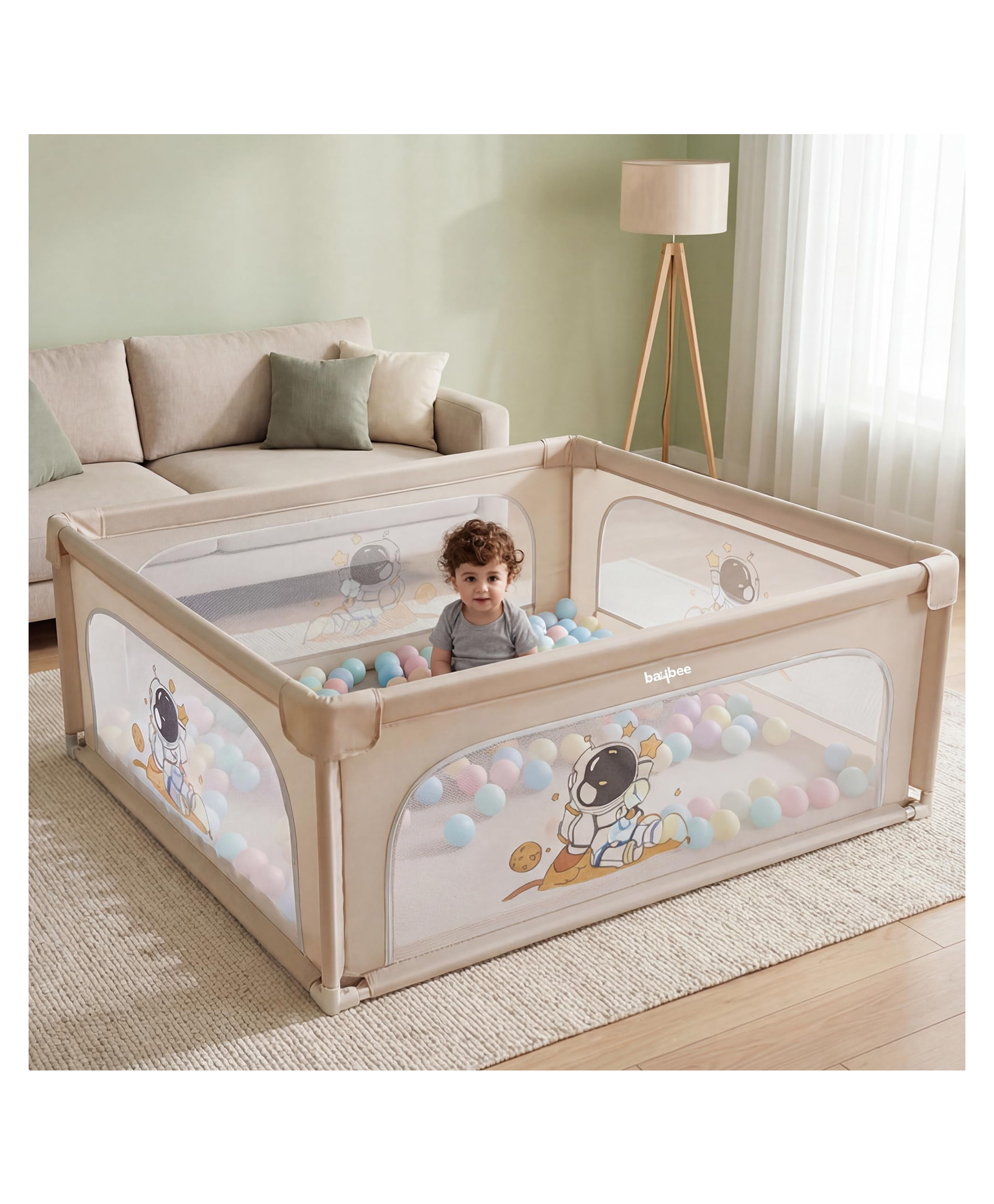 Baybee 1120 x 120 CM Kids Playpen for Babies with Colourful Balls | Baby Play Area Indoor Setup with Zipper Door & Toys Pouch | Baby play pen for baby for 0 - 5 years Boys Girls(Beige)-image-2