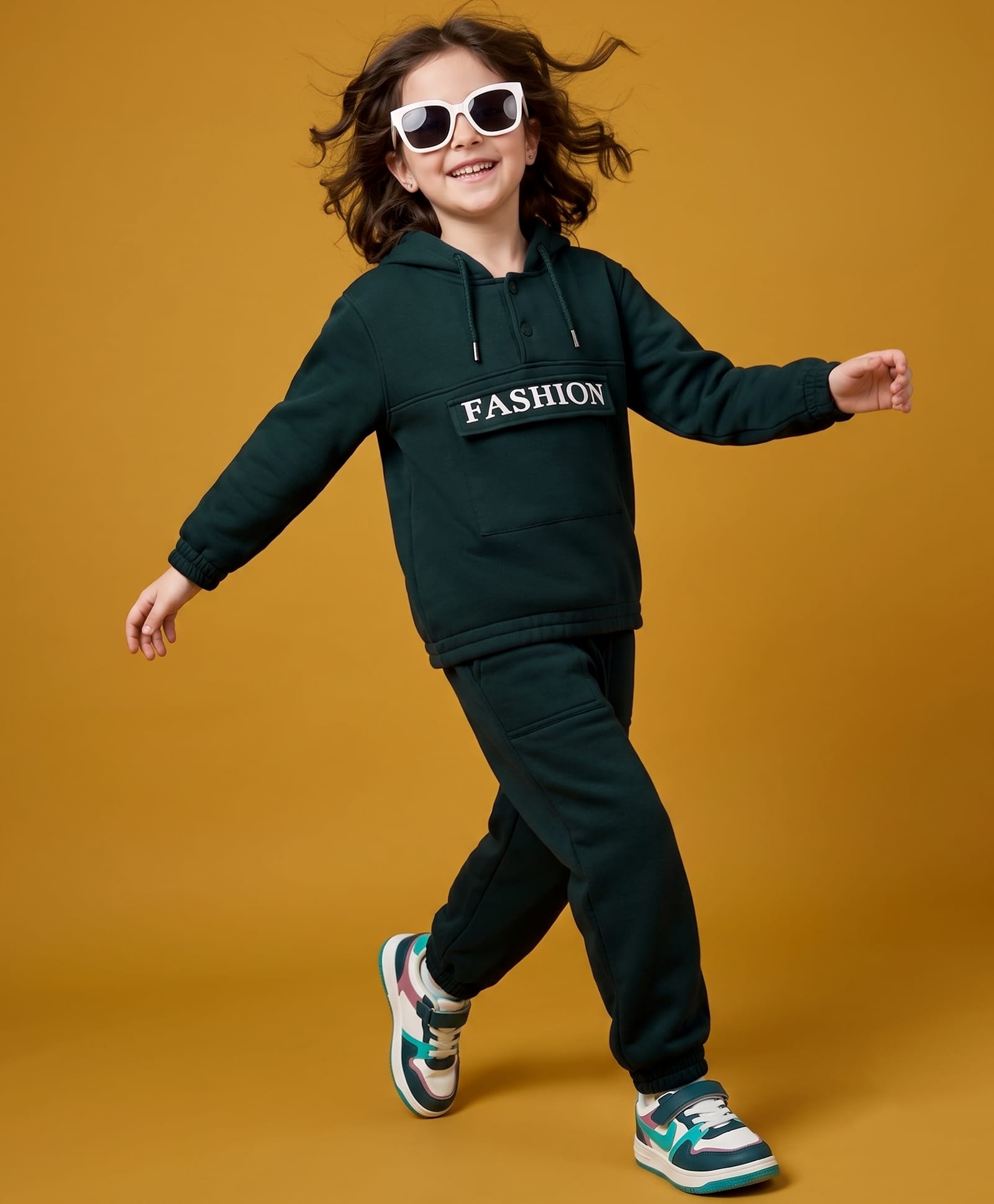 OLLINGTON ST. Scuba Knit Full Sleeves Text Printed Winter Wear Set Of Hooded Sweatshirt & Joggers- Dark Green-image-14