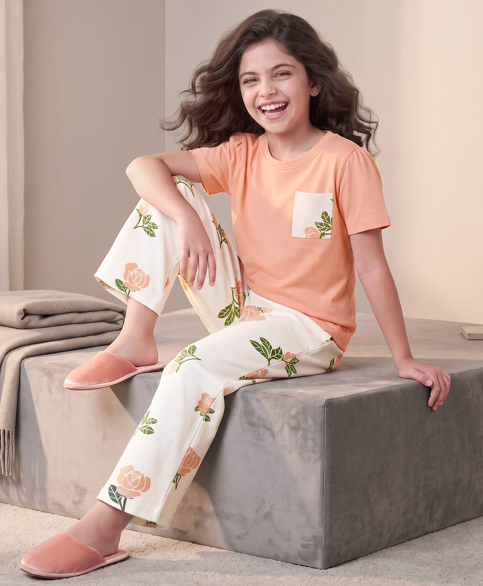 Pine Kids Cotton Knit Half sleeves T-Shirt & Pajama Night Suit With Floral Print - White & Peach-image-14