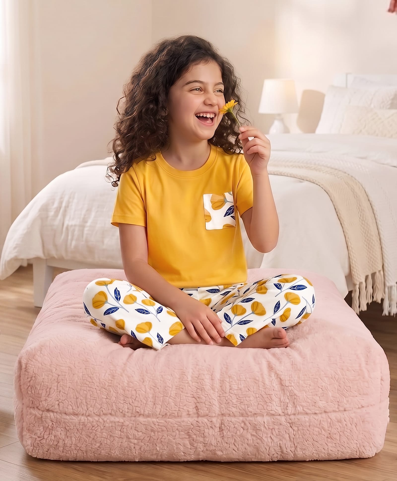 Pine Kids Cotton Knit Half Sleeves T-Shirt & Pyjama Night Suit With Floral Print - Yellow-image-19