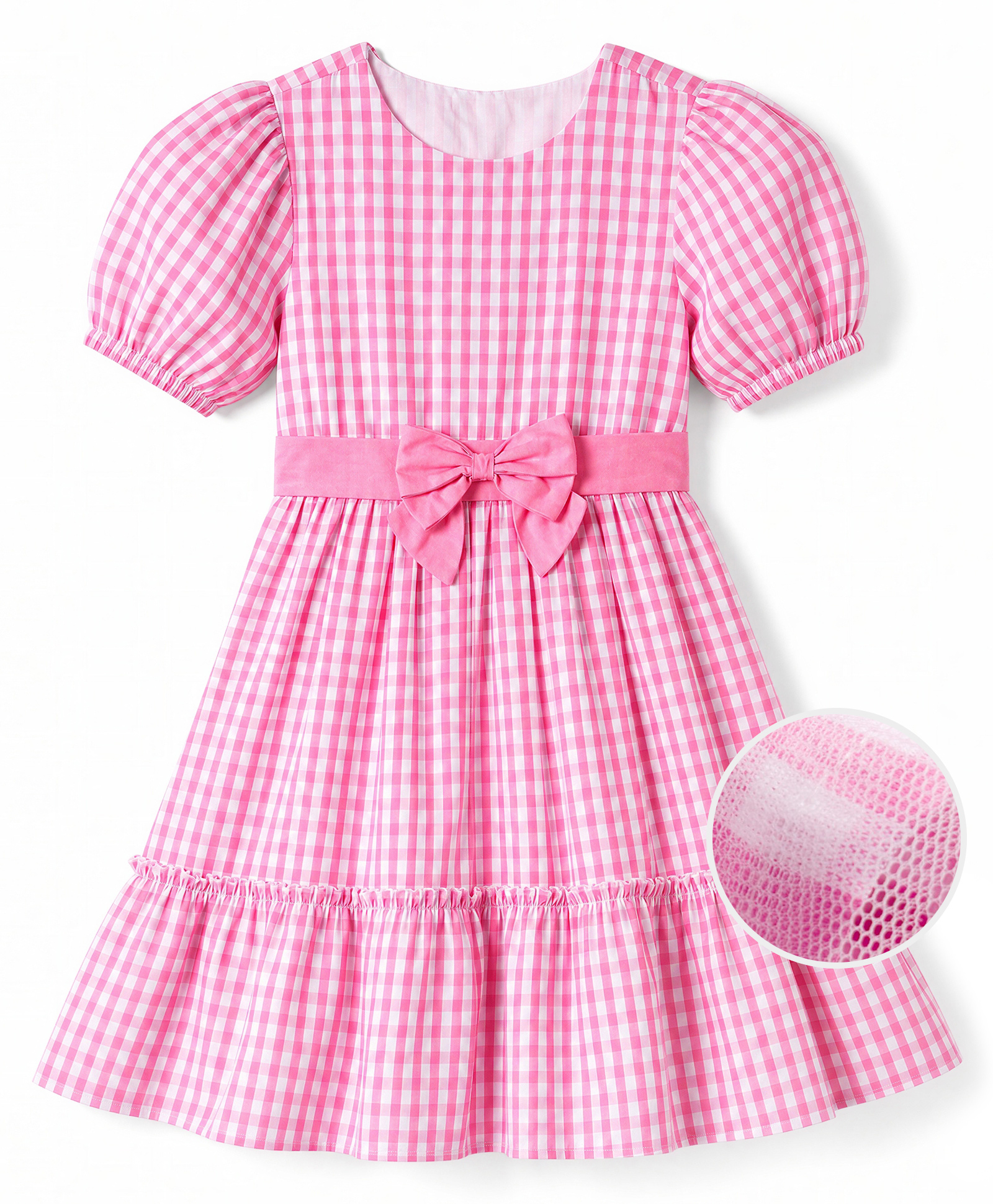 hola bonita cotton woven half puffed sleeves dress with checks & bow - pink