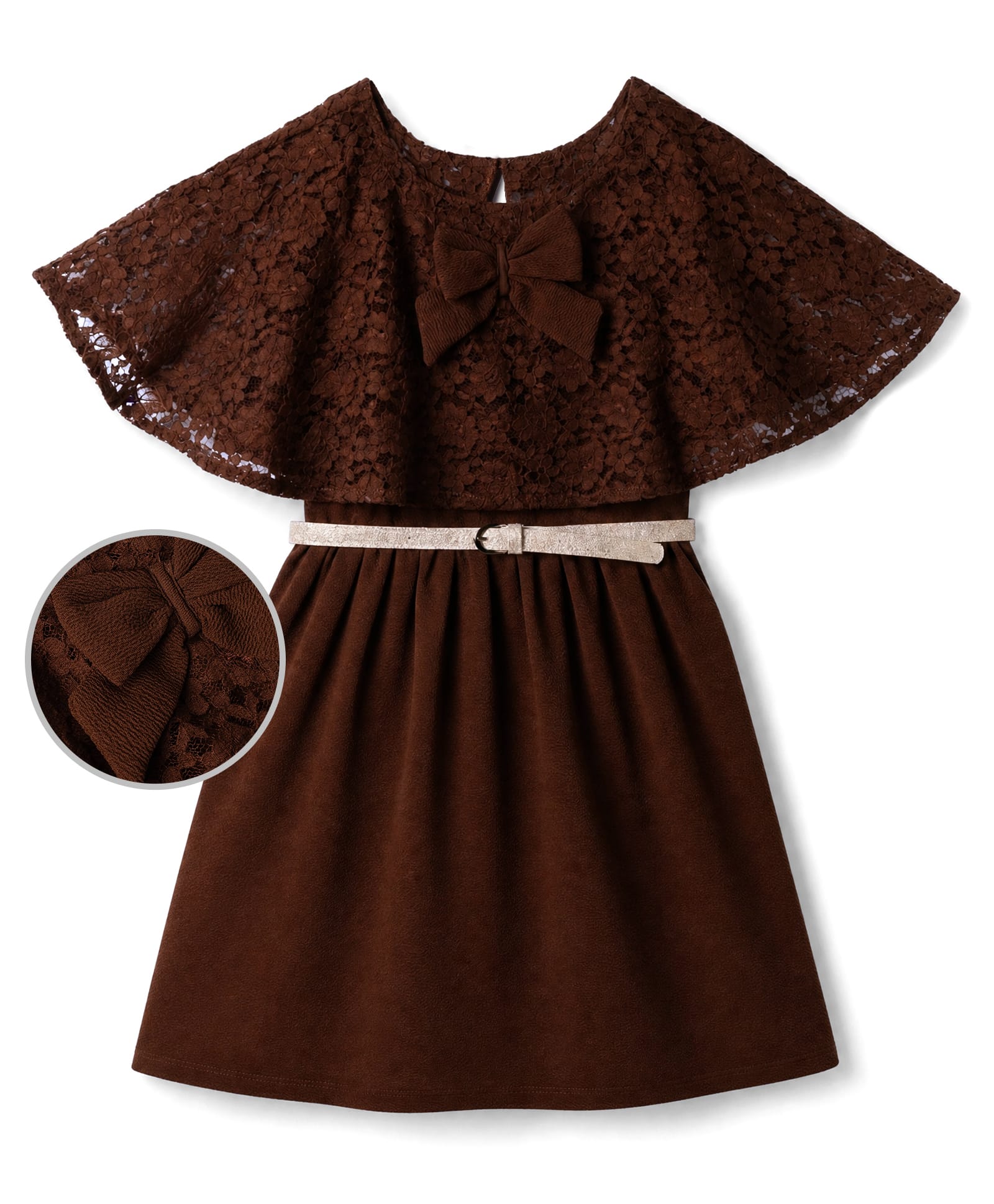 Hola Bonita Woven Half Sleeves Dress With Floral Embroidery and Belt - Brown-image-44