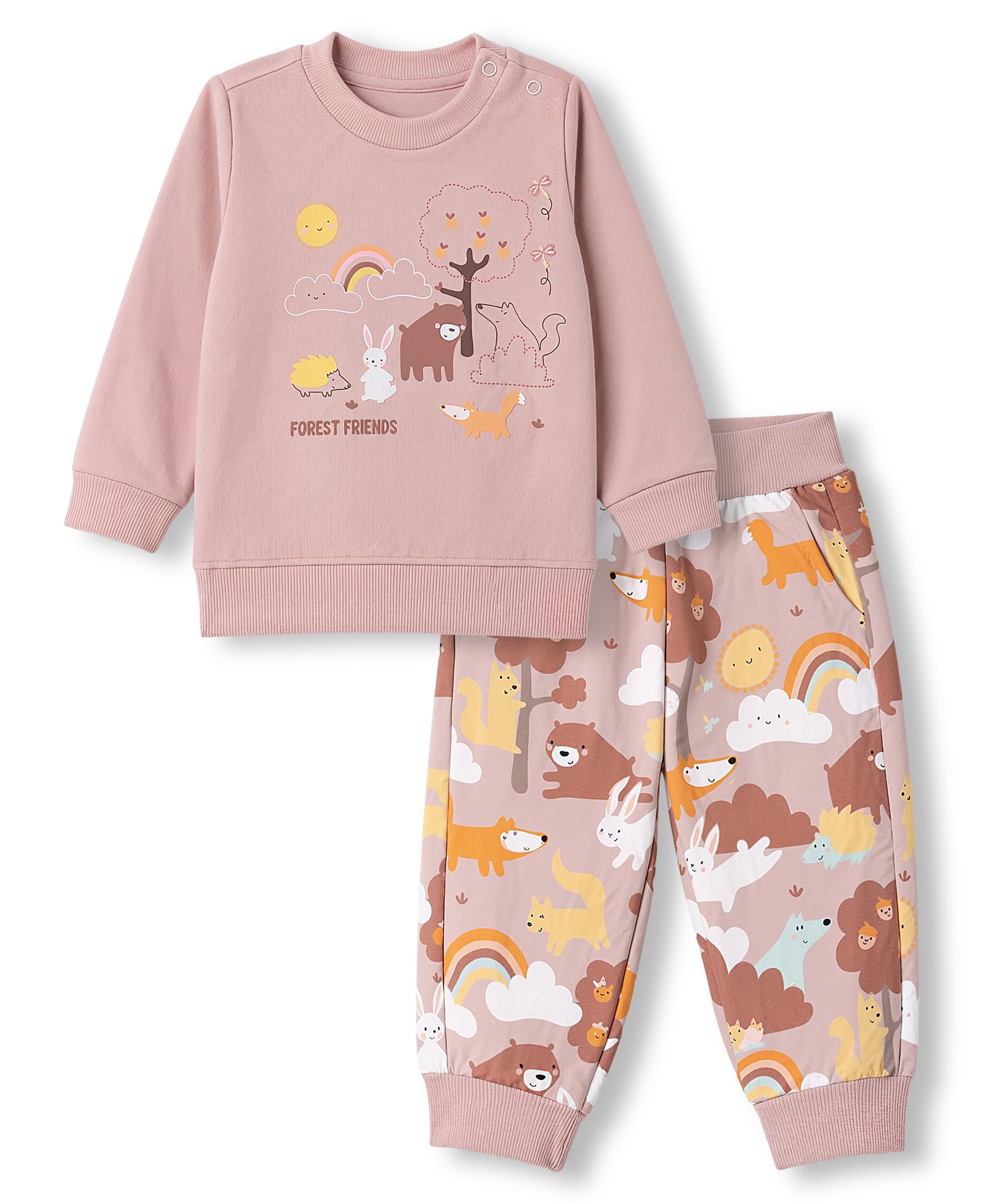 Zero Looper Knit Full Sleeves T-shirt & Jogger Set With Jungle Safari Print - Light Pink-picture-2