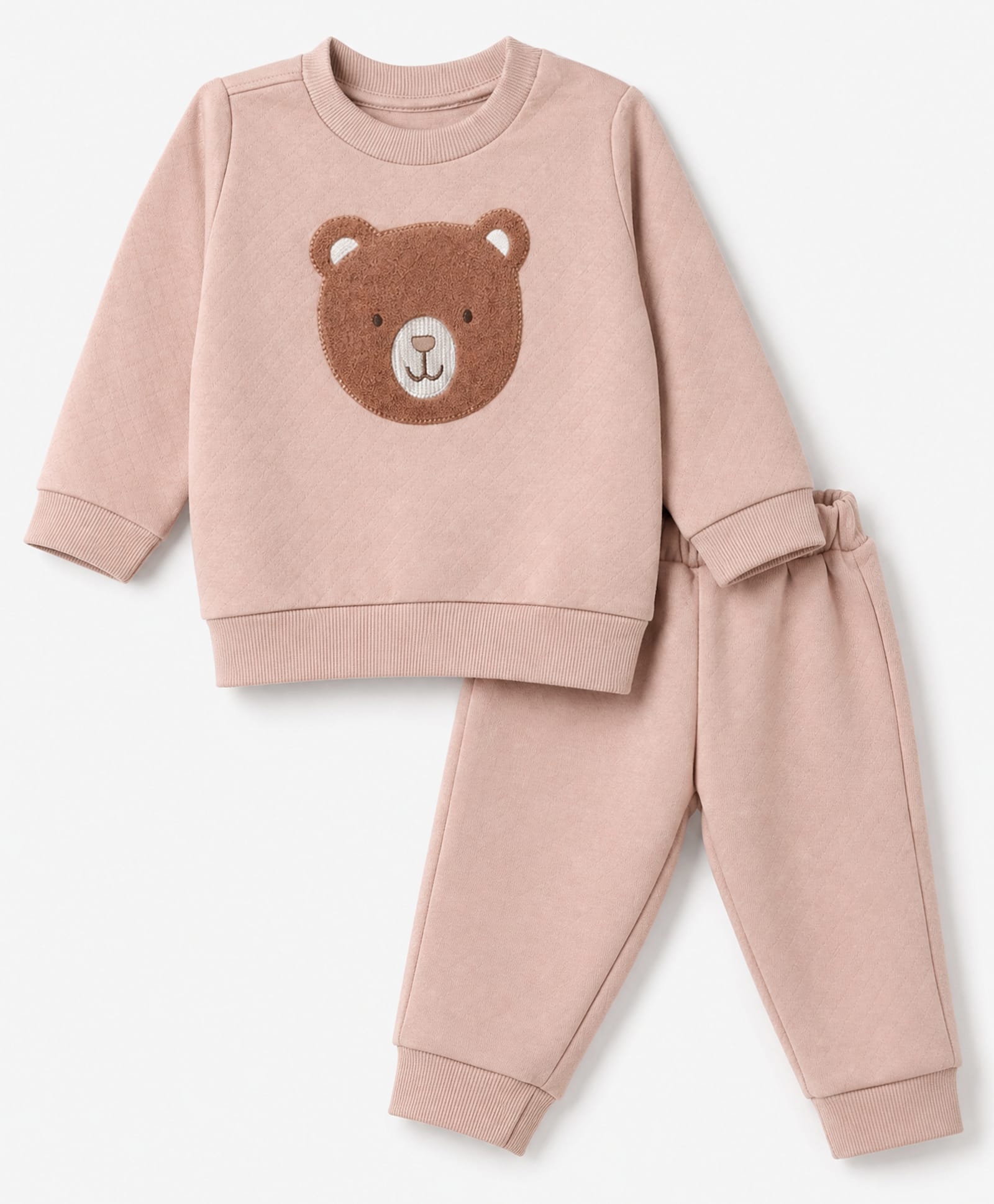 Zero Looper Knit Full Sleeves T-shirt and Jogger Set With Teddy Bear Patch - Light Pink-picture-0