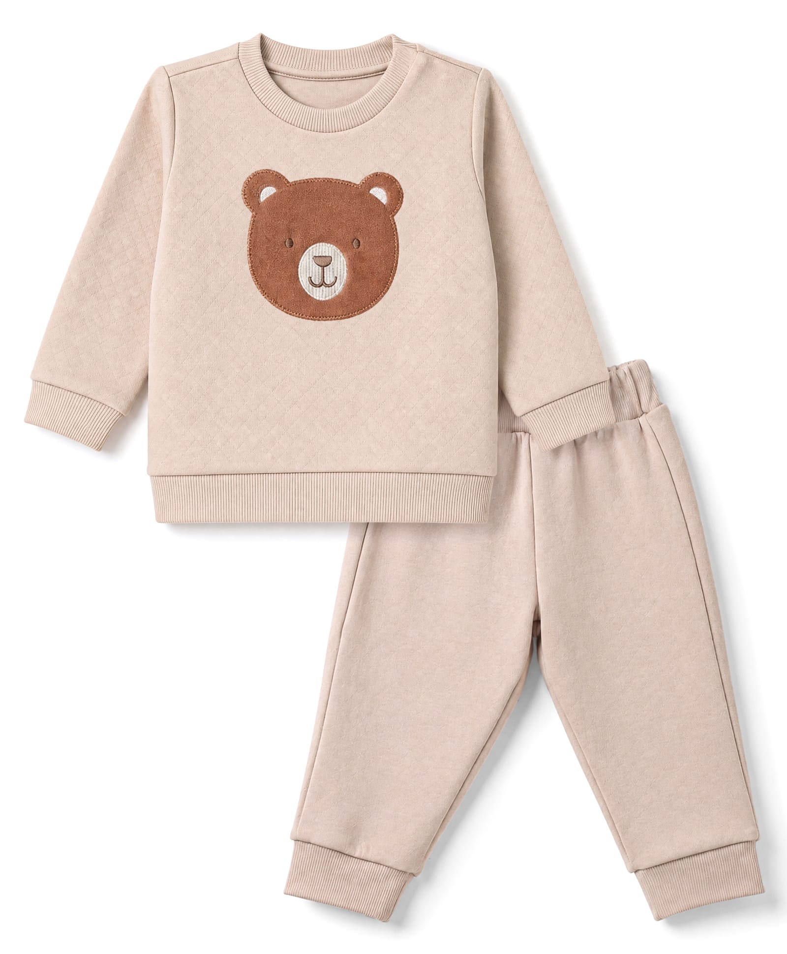 Zero Looper Knit Full Sleeves T-shirt and Jogger Set With Teddy Bear Patch - Beige-picture-11