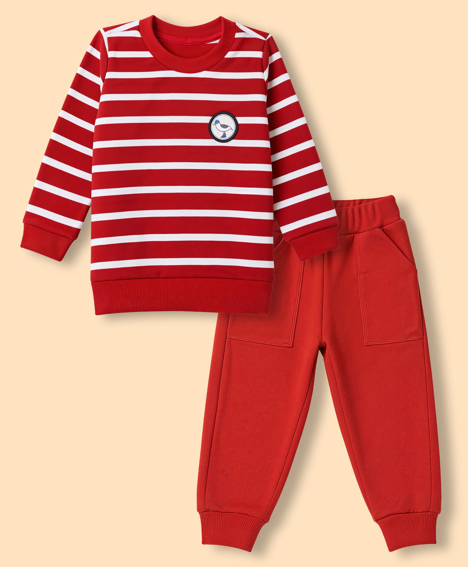 Zero Looper Knit Full Sleeves Striped T-Shirt With Bird Patch & Jogger Set - Red-picture-4