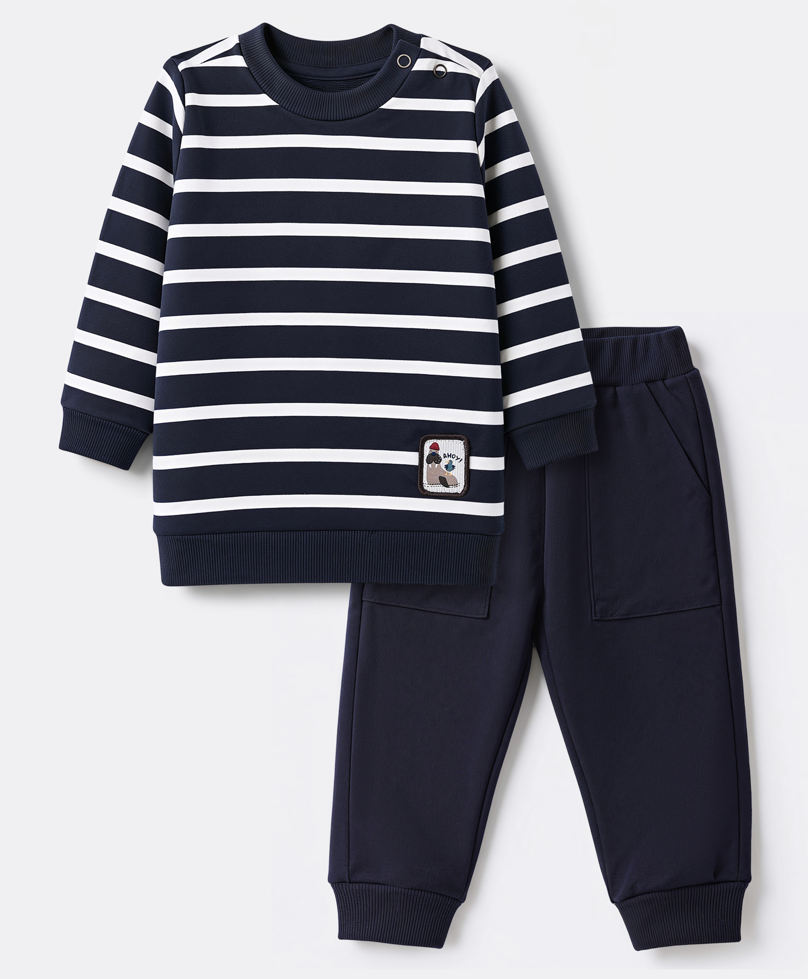 Zero Looper Knit Full Sleeves Striped T-Shirt With Bird Patch & Jogger Set - Navy Blue-image-45