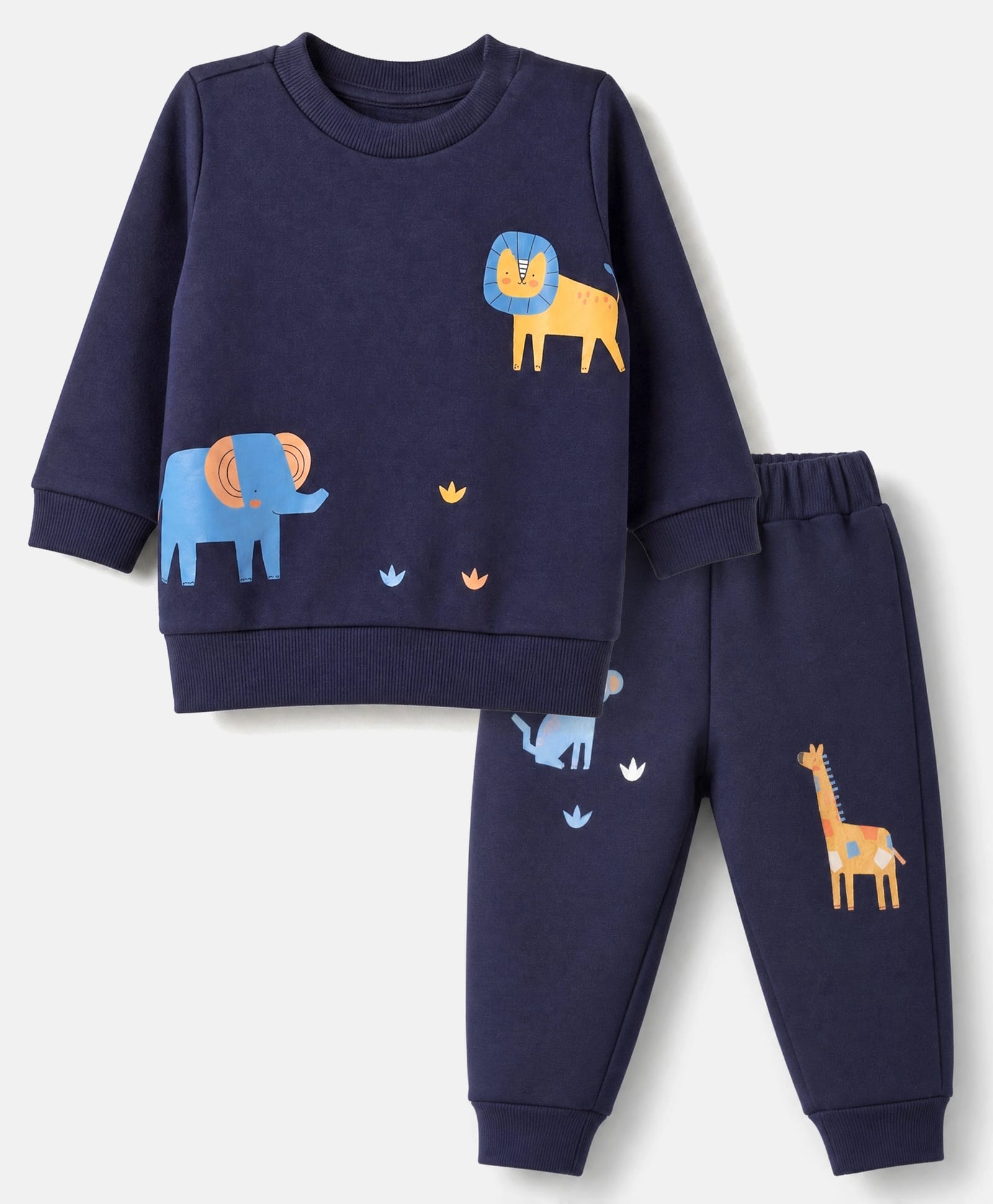Zero Looper Knit Full Sleeves T-shirt and Jogger Set With Animal Print - Navy-picture-17