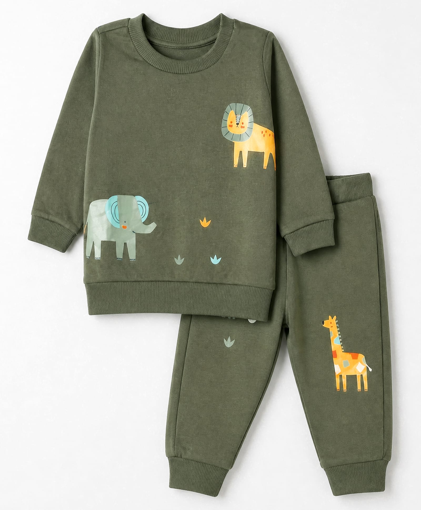Zero Looper Knit Full Sleeves T-shirt and Jogger Set With Animal Print - Olive-picture-9