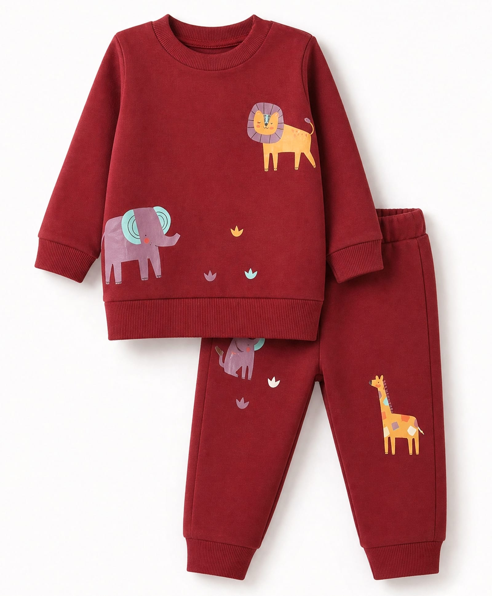 Zero Looper Knit Full Sleeves T-shirt and Jogger Set With Animal Print - Maroon-picture-8