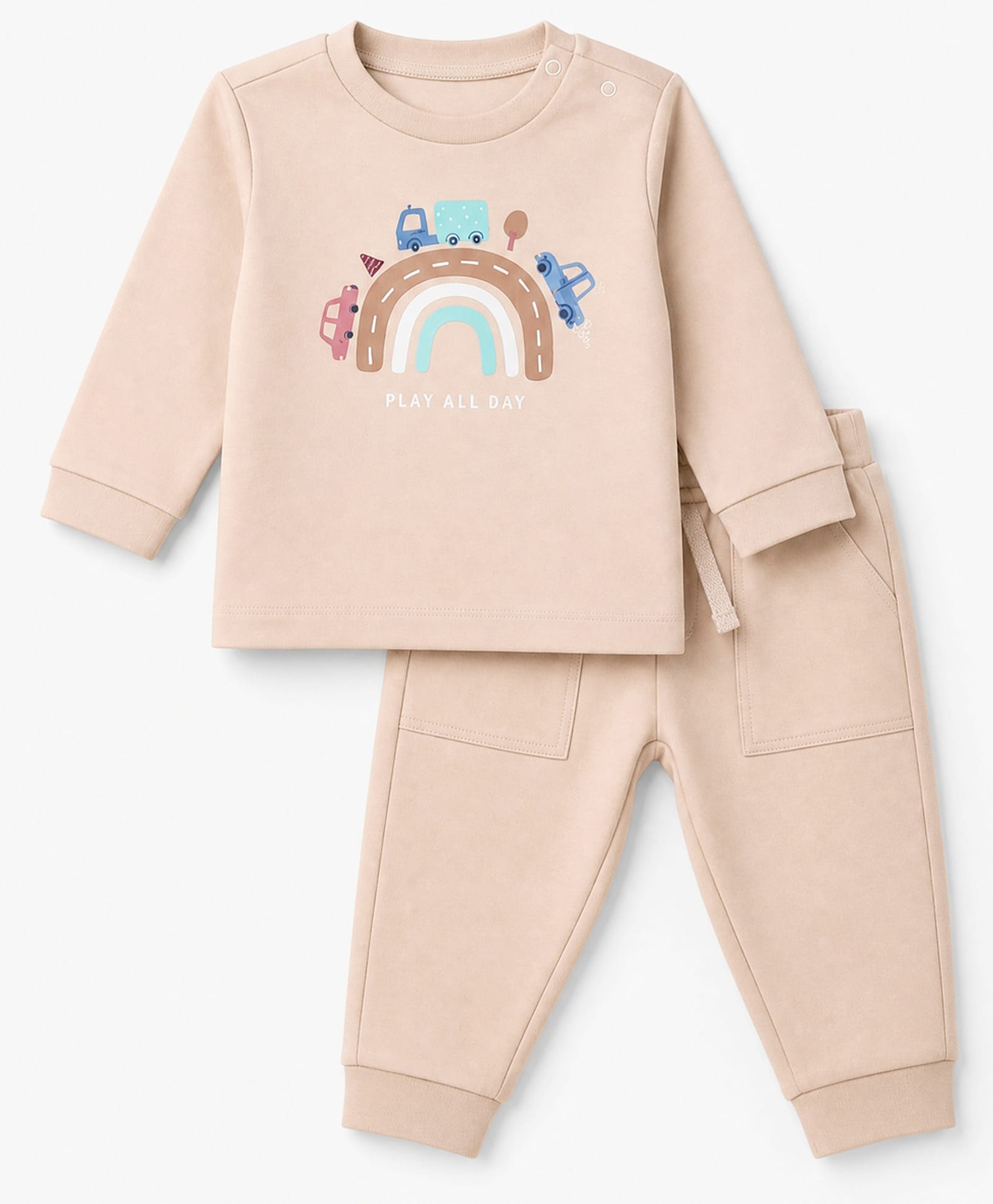 Zero Looper Knit Full Sleeves T-shirt and Jogger With Vehicle & Rainbow Print - Beige-picture-31