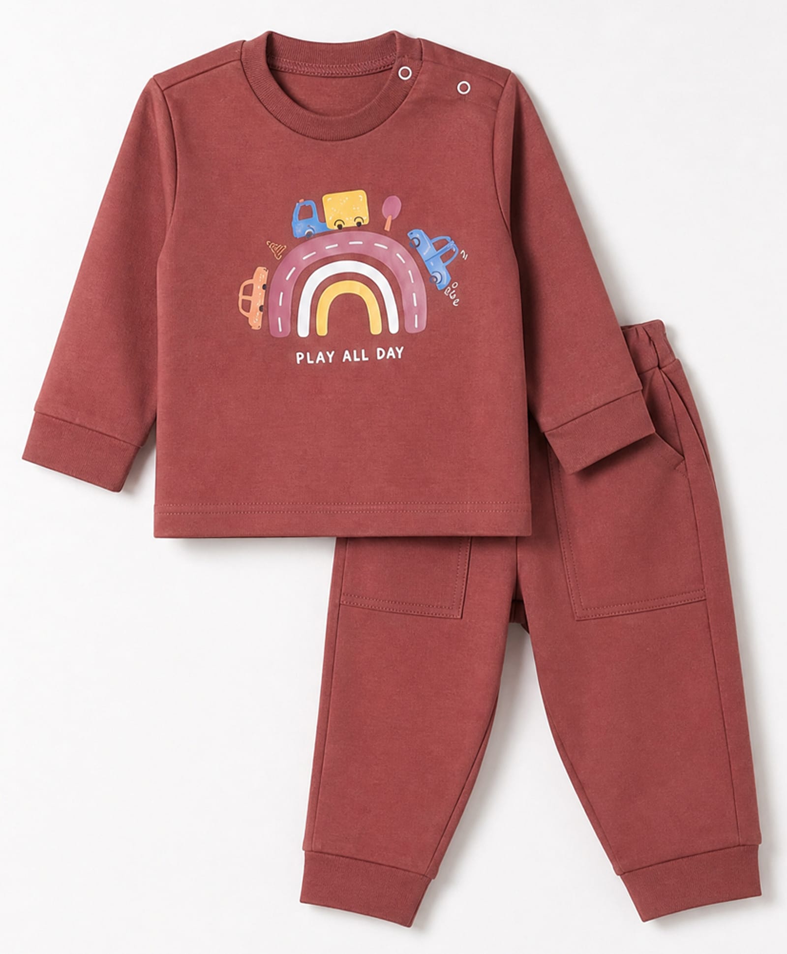 Zero Looper Knit Full Sleeves T-shirt and Jogger With Vehicle & Rainbow Print - Rust Orange-image-36