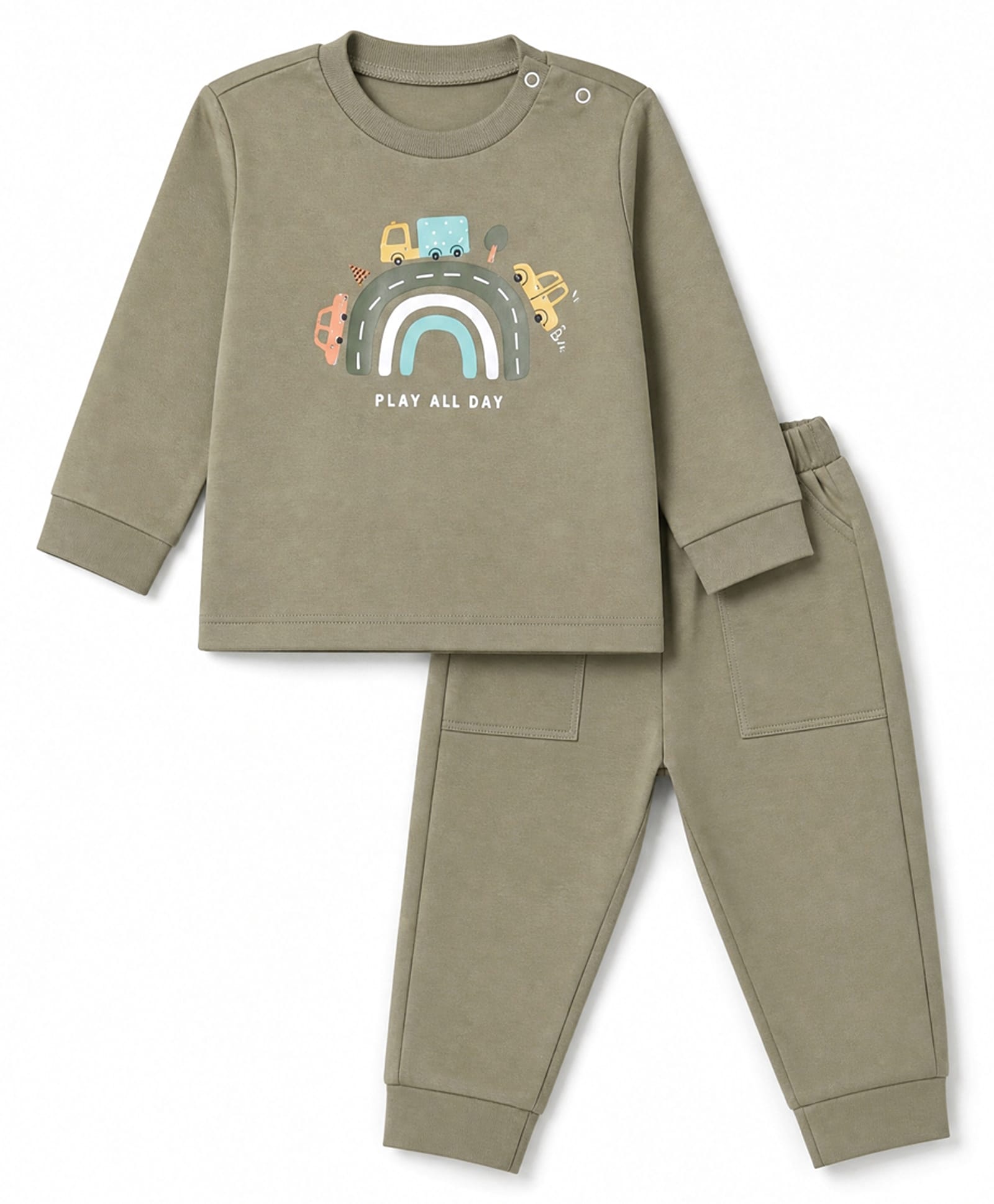 Zero Looper Knit Full Sleeves T-shirt and Jogger With Vehicle & Rainbow Print - Olive Green-image-43