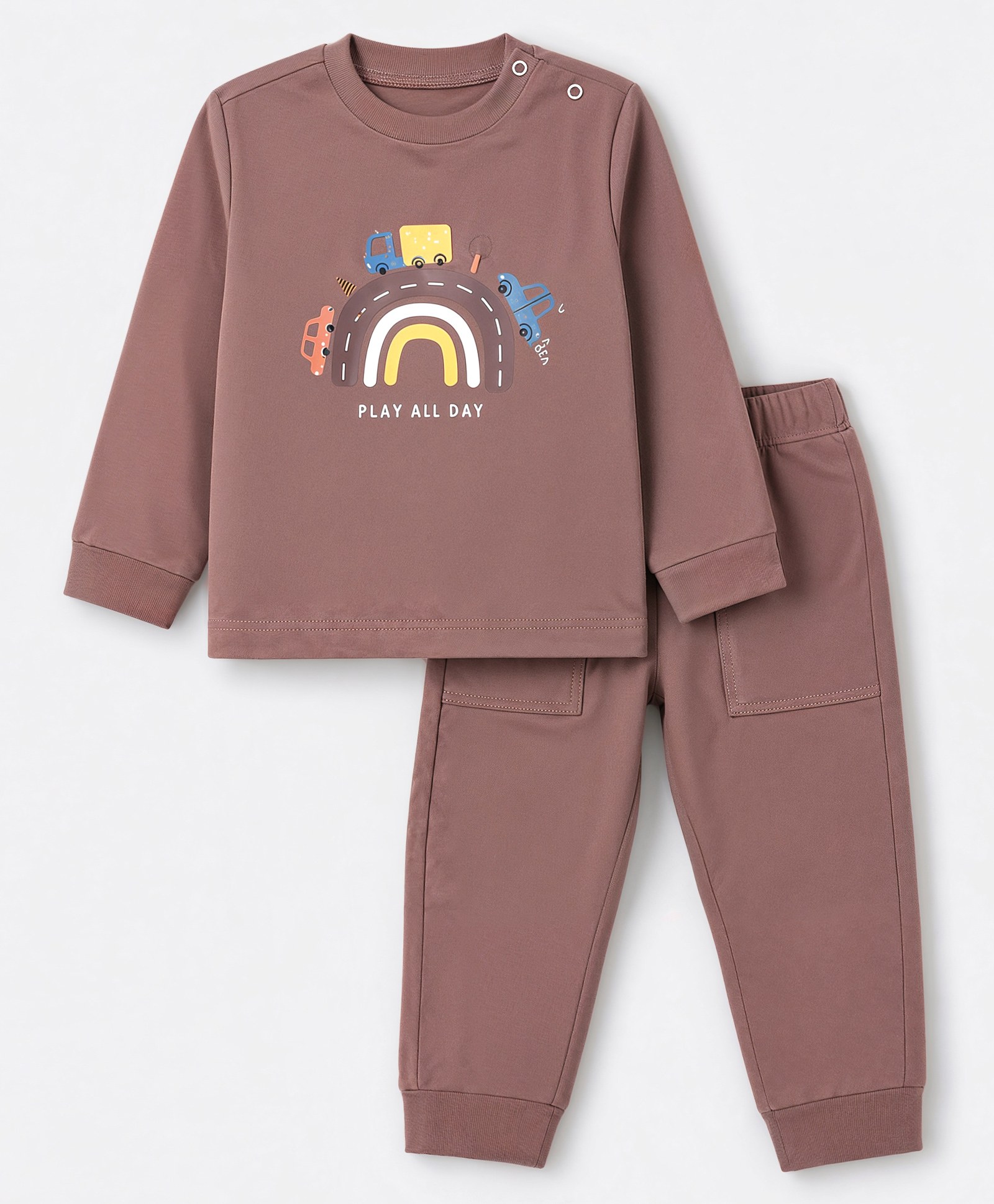 Zero Looper Knit Full Sleeves T-shirt and Jogger With Vehicle & Rainbow Print - Brown-picture-45