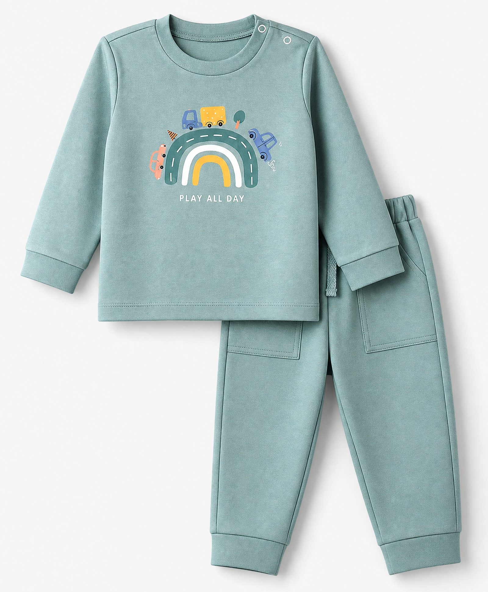 Zero Looper Knit Full Sleeves T-shirt and Jogger With Vehicle & Rainbow Print - Light Green-picture-32