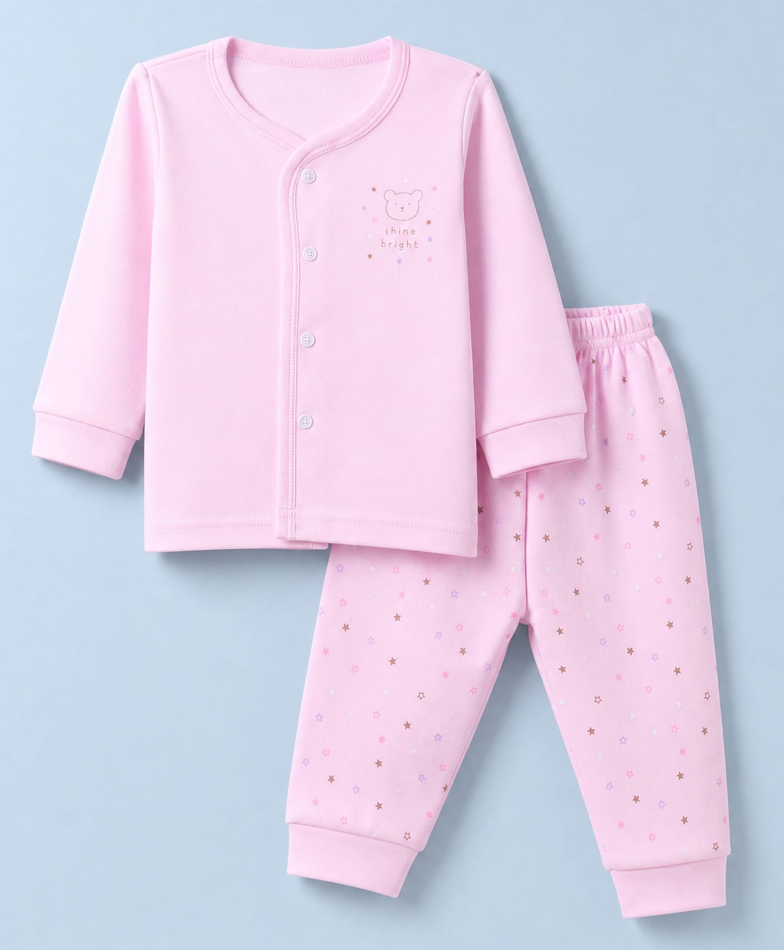 Zero Interlock Knit Full Sleeves T-Shirt & Pyjama Night Suit Set With Star & Text Print - Pink-picture-31