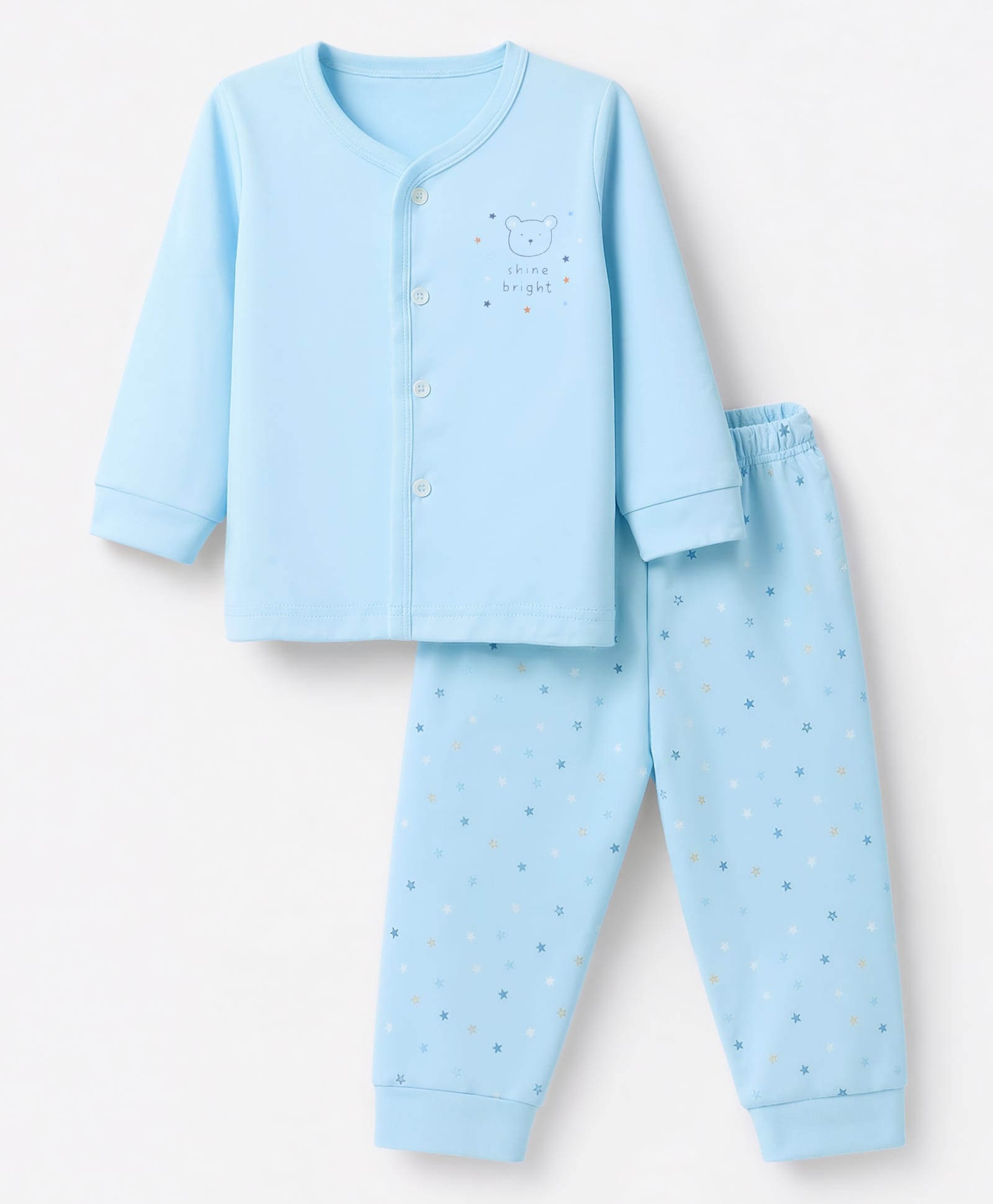 Zero Interlock Knit Full Sleeves T-Shirt & Pyjama Night Suit Set With Star & Text Print - Blue-picture-35