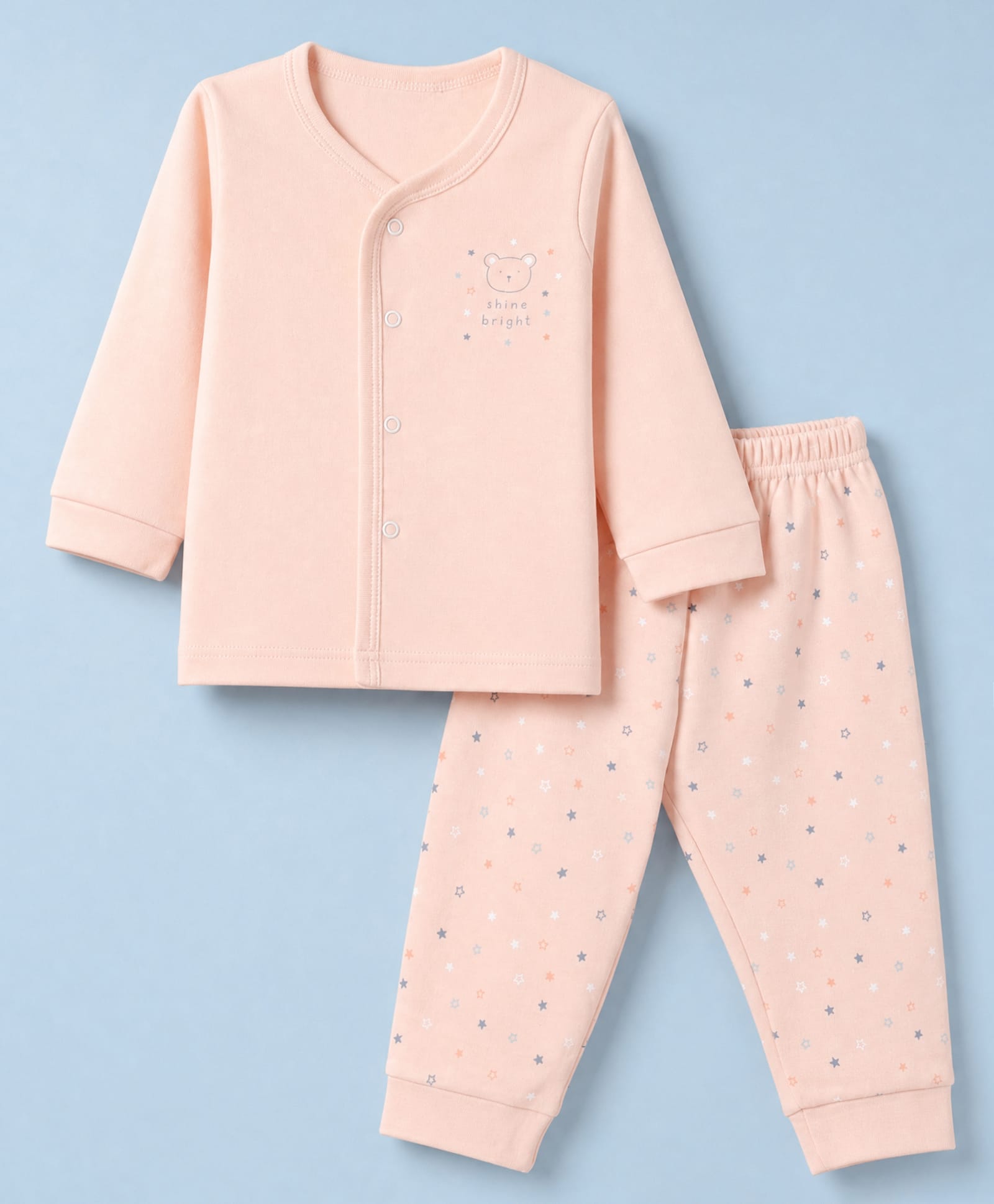 Zero Interlock Knit Full Sleeves T-Shirt & Pyjama Night Suit Set With Star & Text Print - Peach-picture-30
